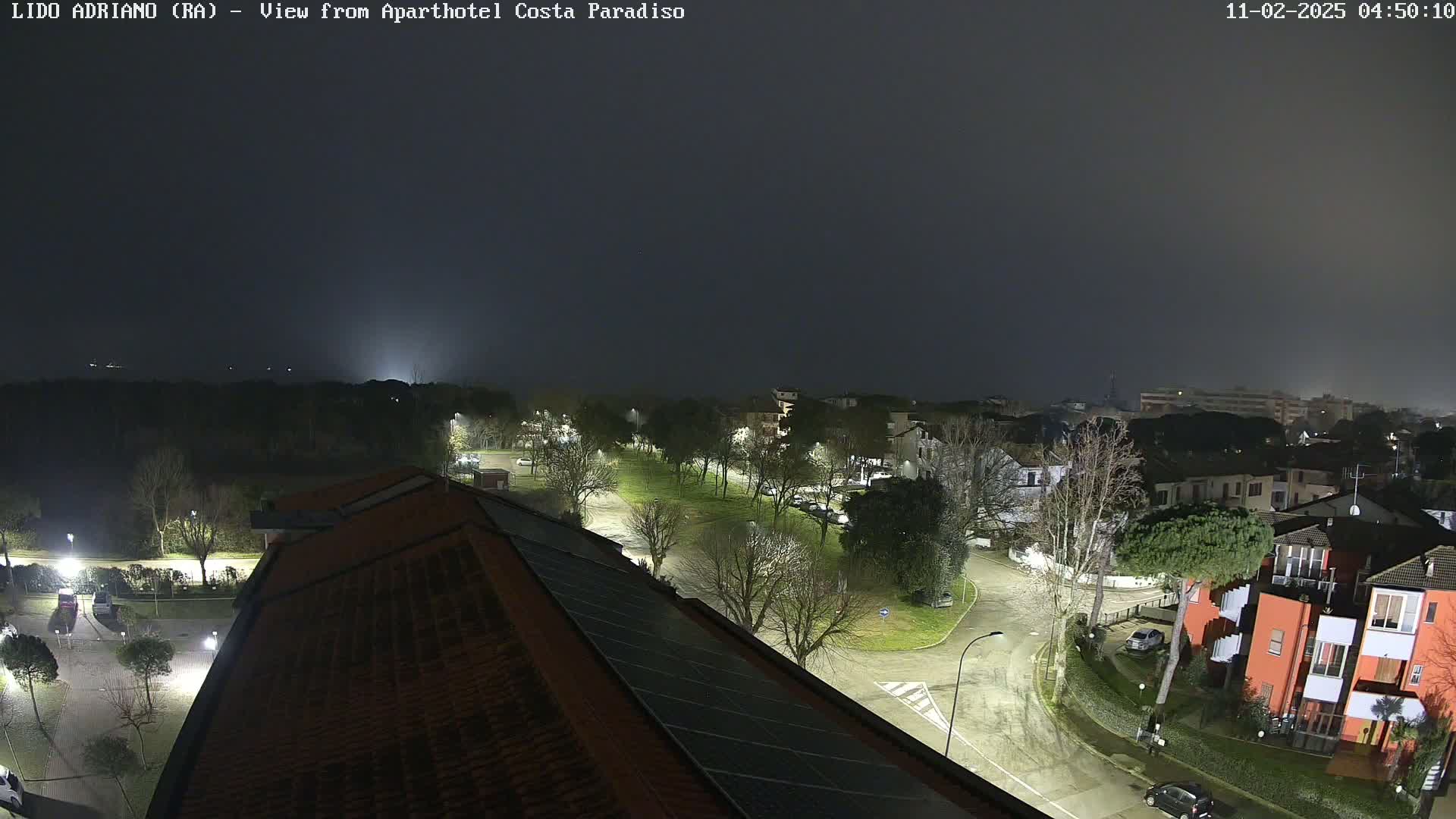 A nighttime, foggy view of a residential area with streetlights illuminating tree-lined streets and buildings.