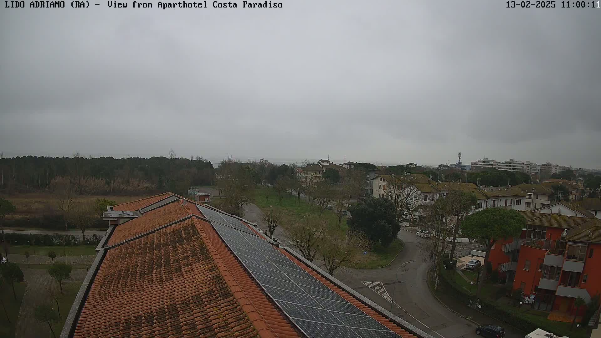 A rooftop with solar panels overlooks a residential area and a tree line under an overcast sky.