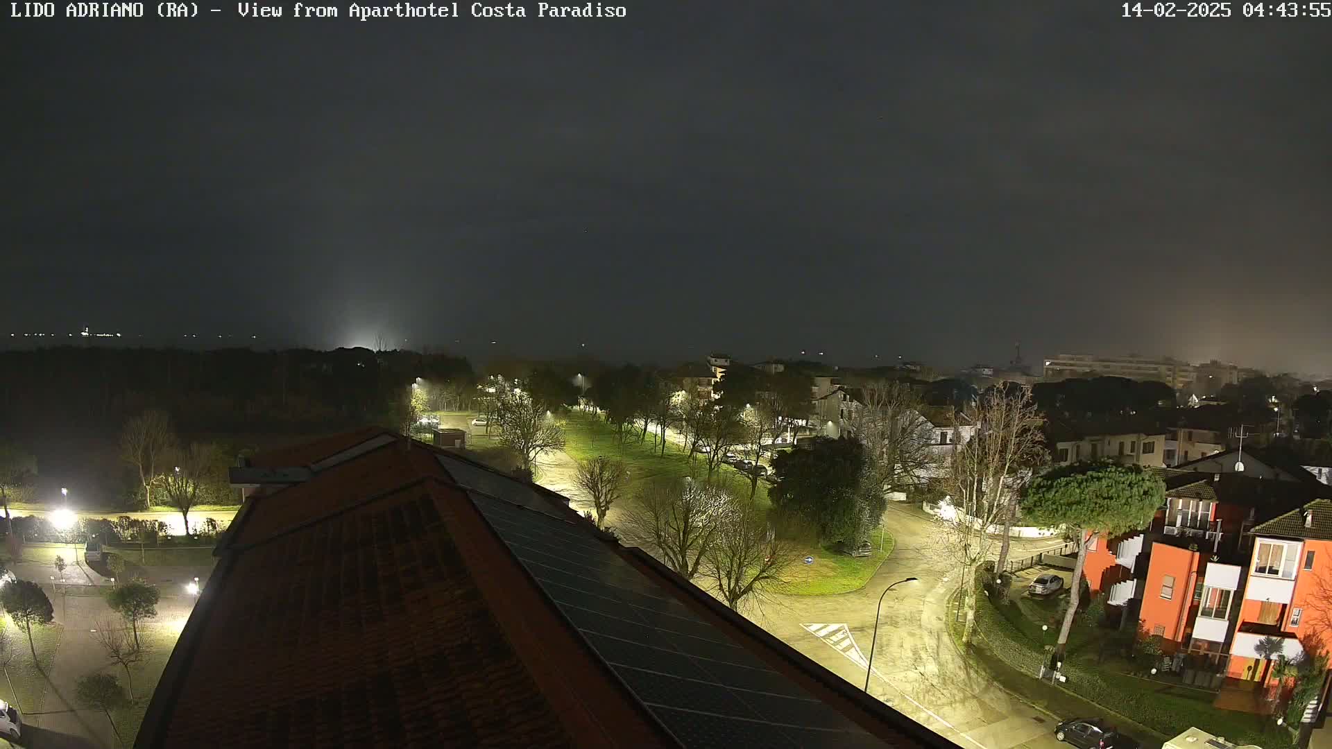 A nighttime view of a residential area with a park and streetlights, under a dark, foggy sky.