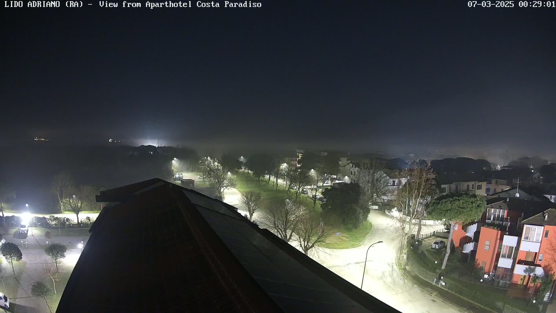 A nighttime, foggy view of a residential area with illuminated streets and buildings, seen from a rooftop.