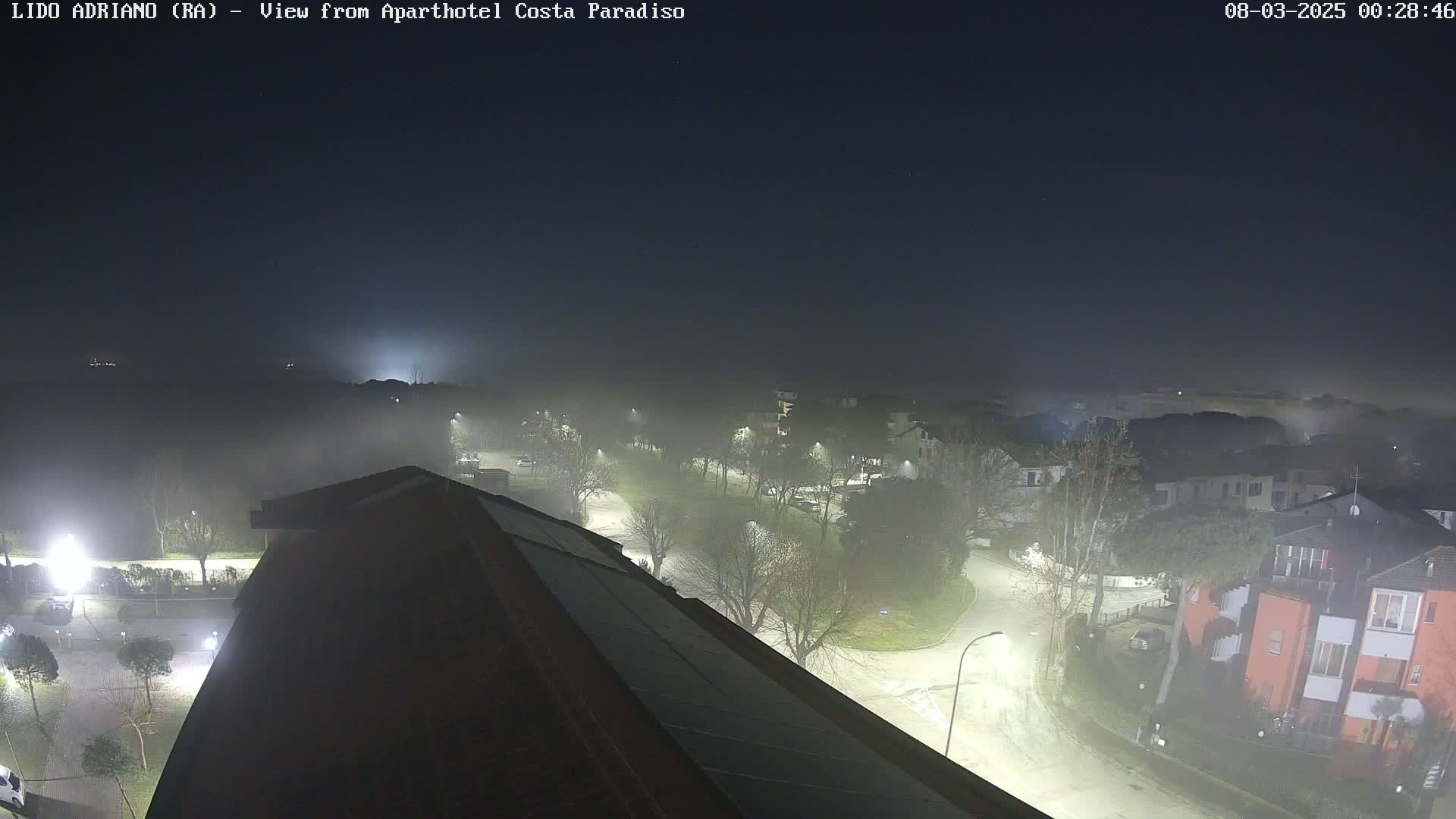 A nighttime, foggy view from a rooftop shows a curving road through a residential area illuminated by streetlights.