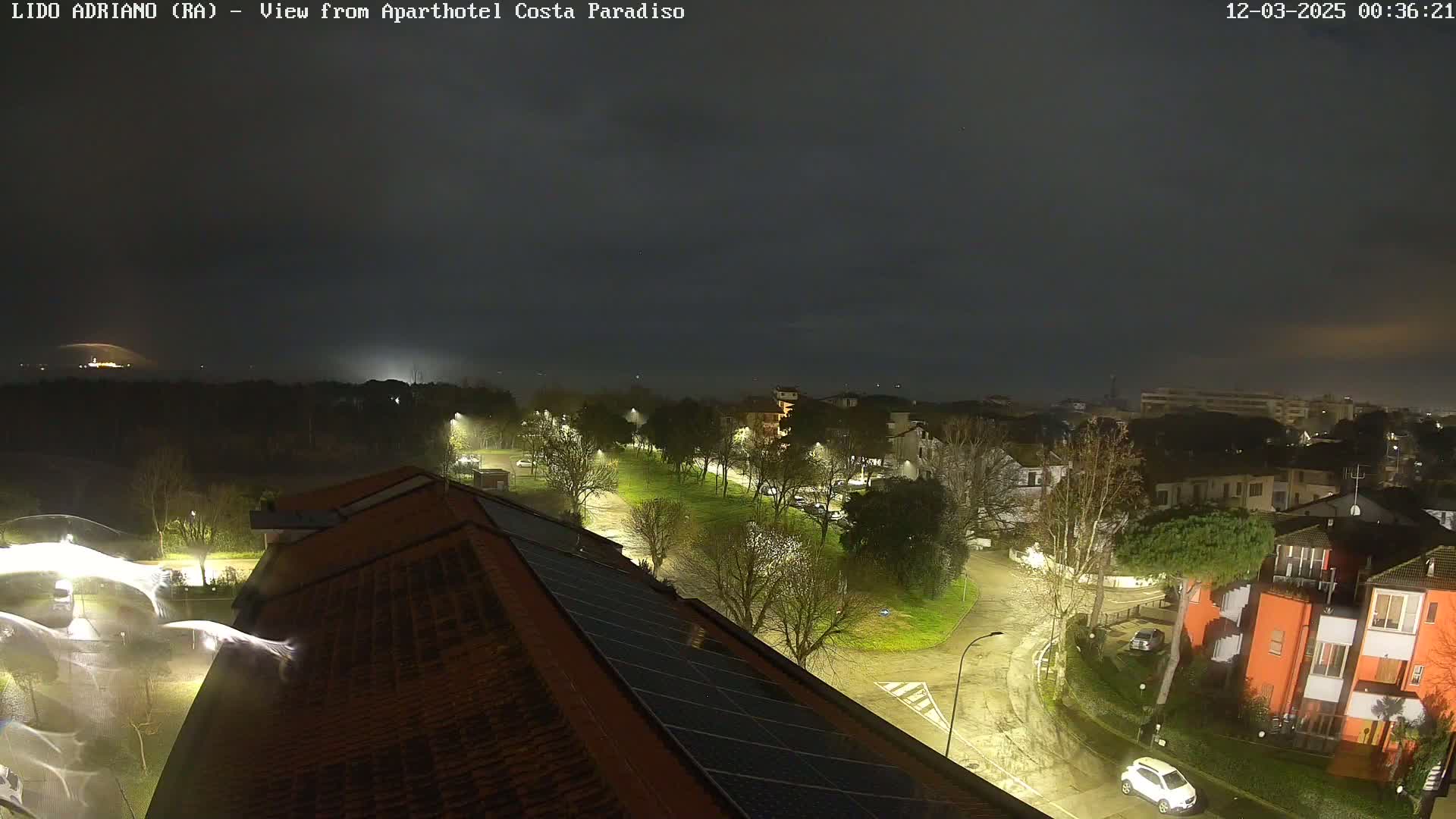 A nighttime view of a residential area with a park, illuminated by streetlights under a dark, overcast sky.