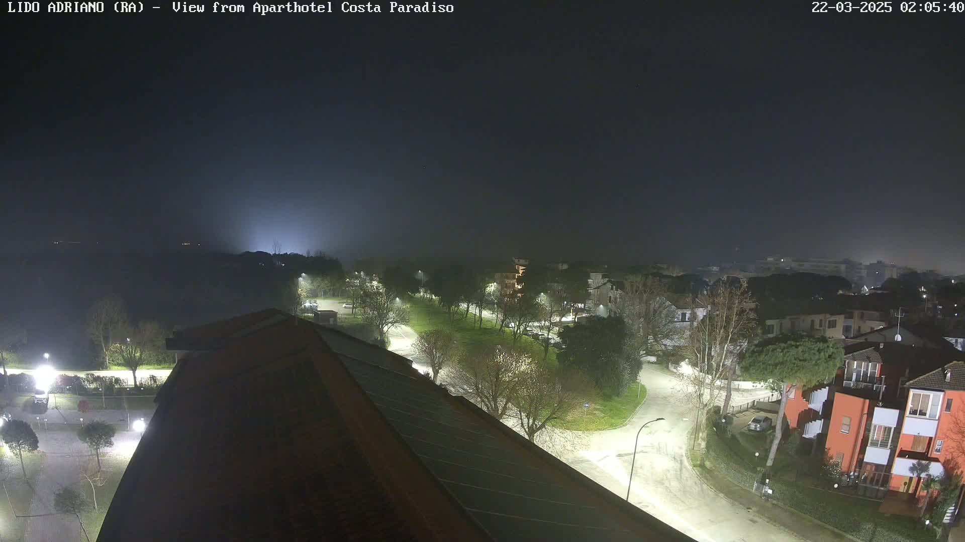 A nighttime, foggy view from a rooftop shows a residential area with roads, trees, and buildings illuminated by streetlights.