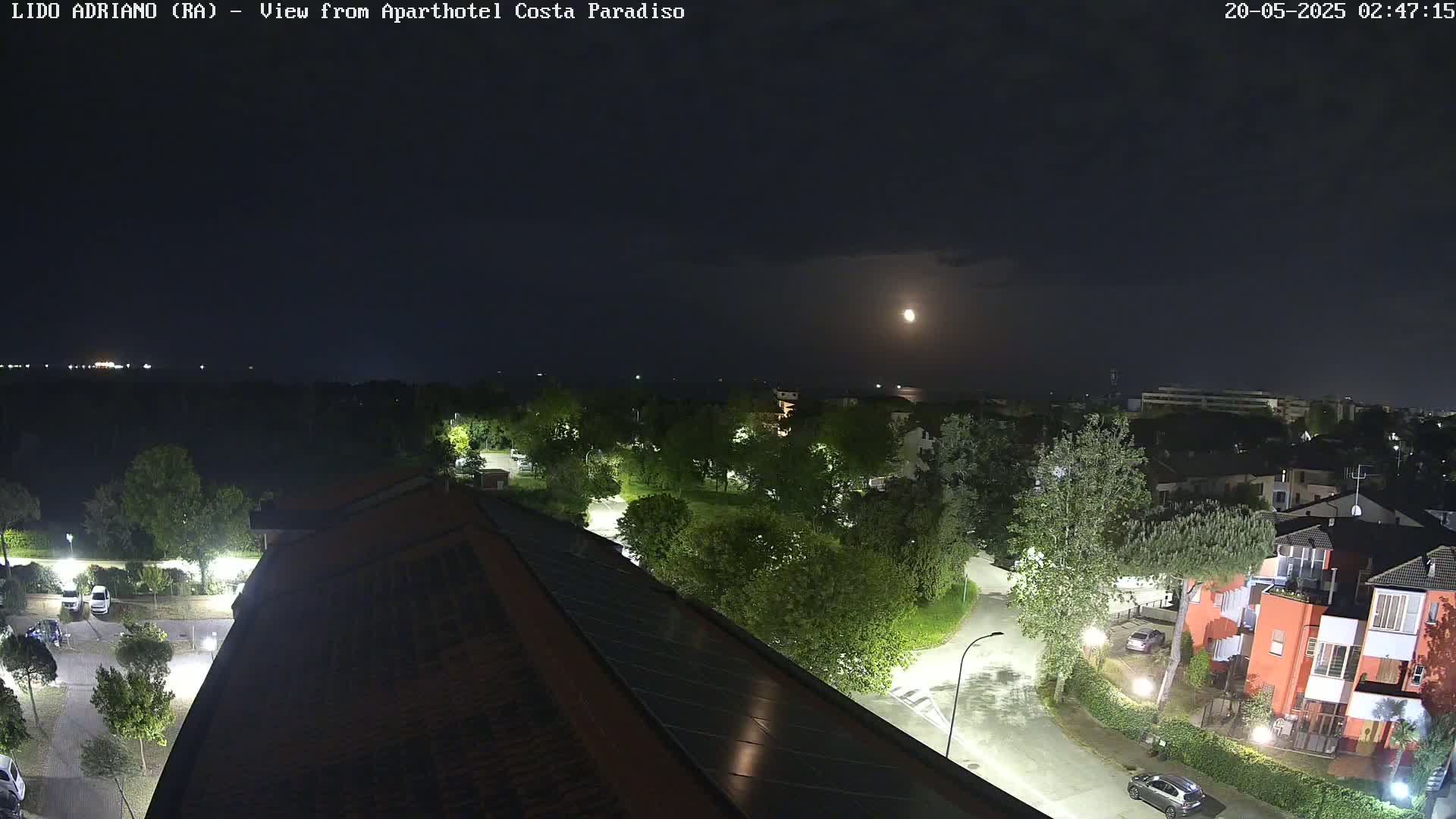 A nighttime, high-angle view of a residential area with streetlights illuminating roads and trees, under a bright moon.