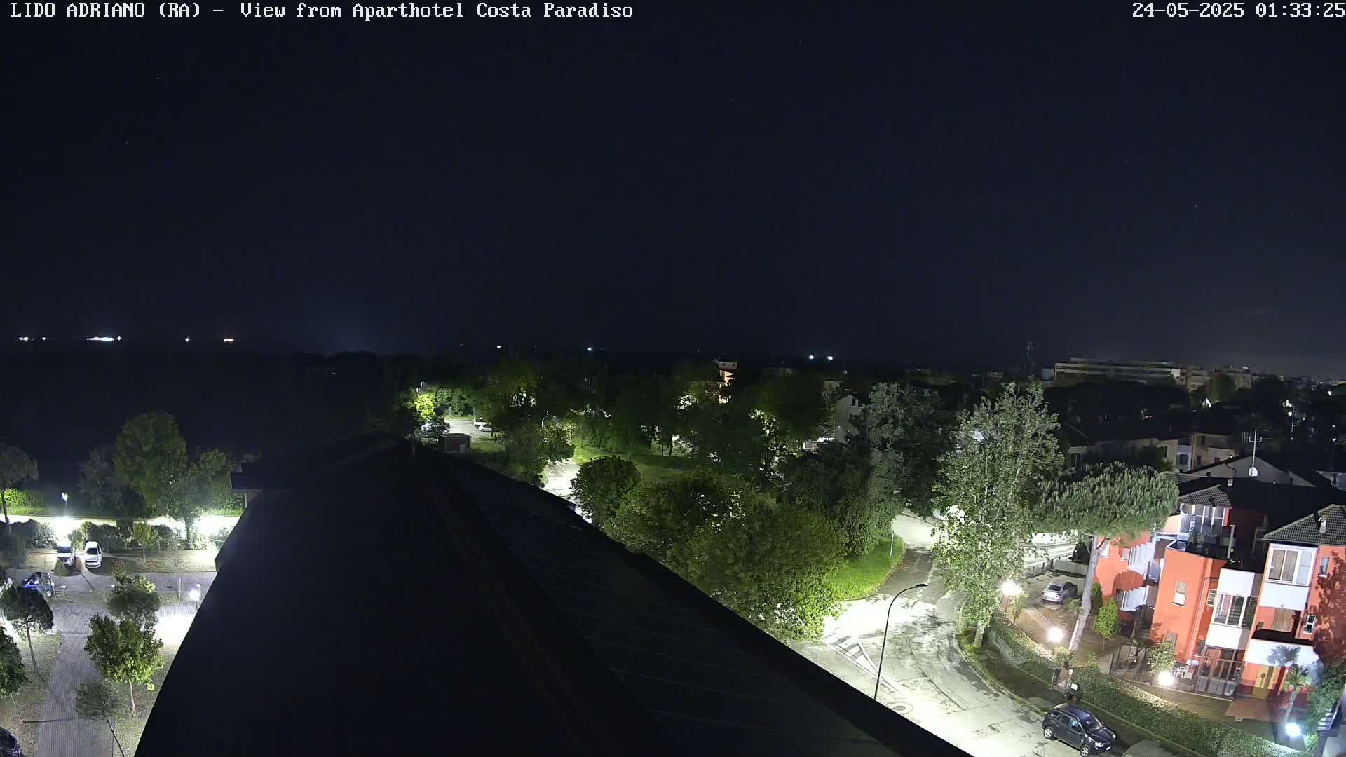 A nighttime view from a rooftop shows a residential area with streetlights illuminating trees and buildings under a clear, dark sky.