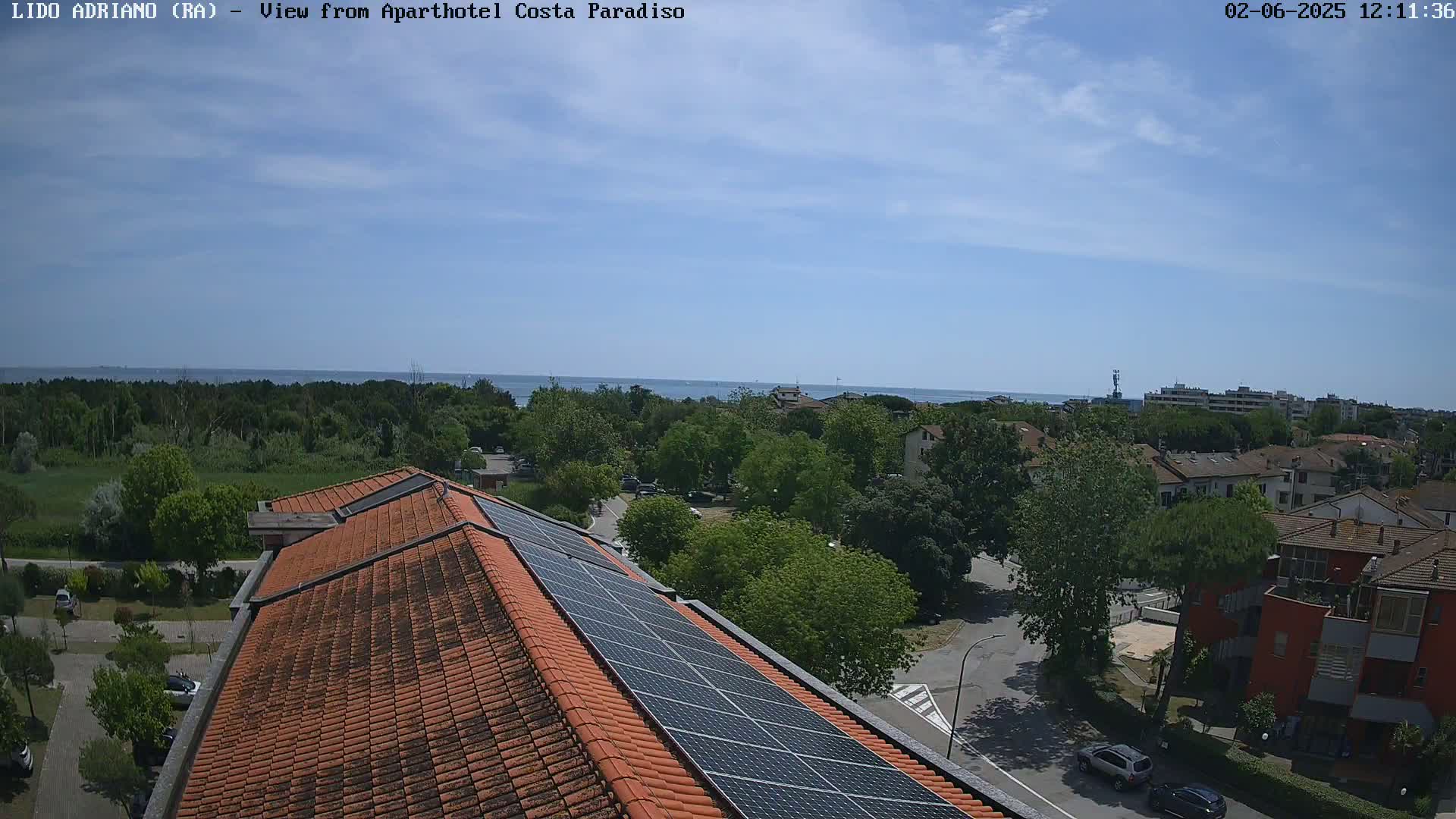 A mostly sunny day overlooks a coastal town with a red-tiled roof and solar panels, showing a calm sea in the distance.