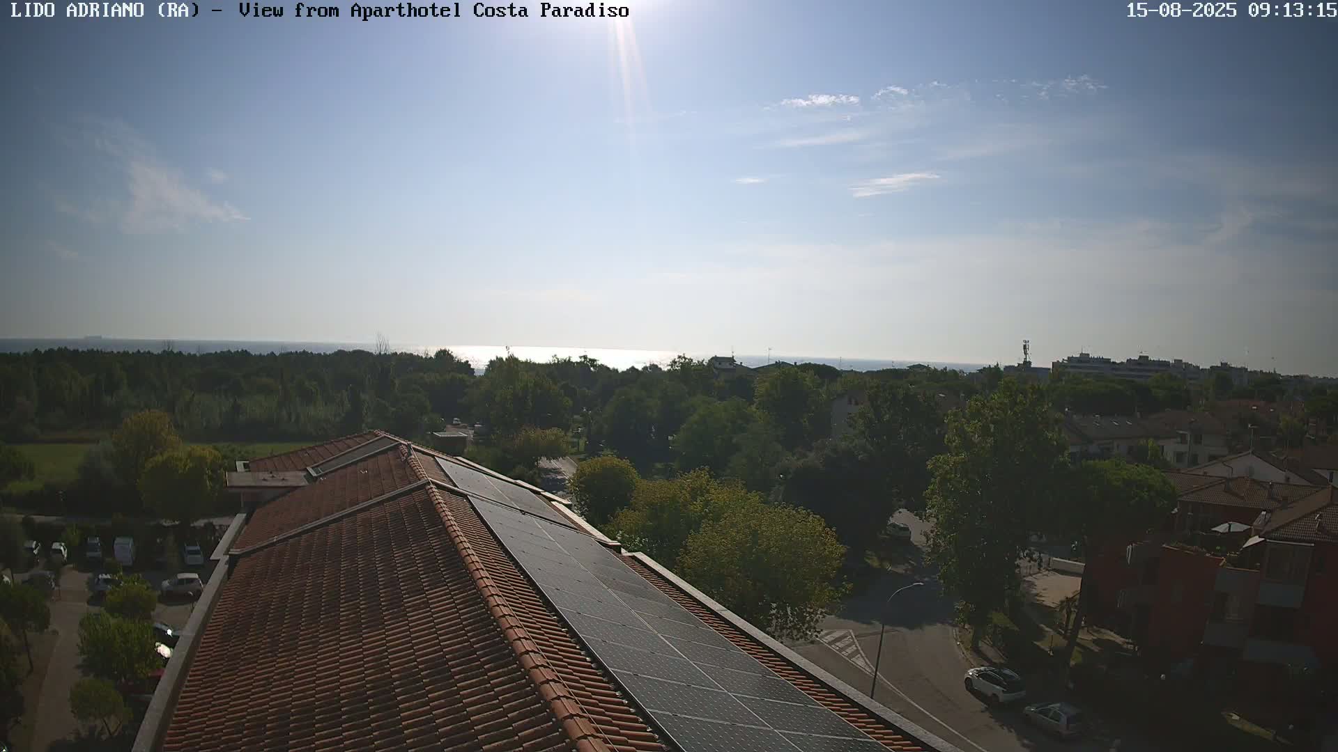 A mostly sunny day overlooking a tiled roof with solar panels, a tree-lined area, and a calm body of water in the distance.