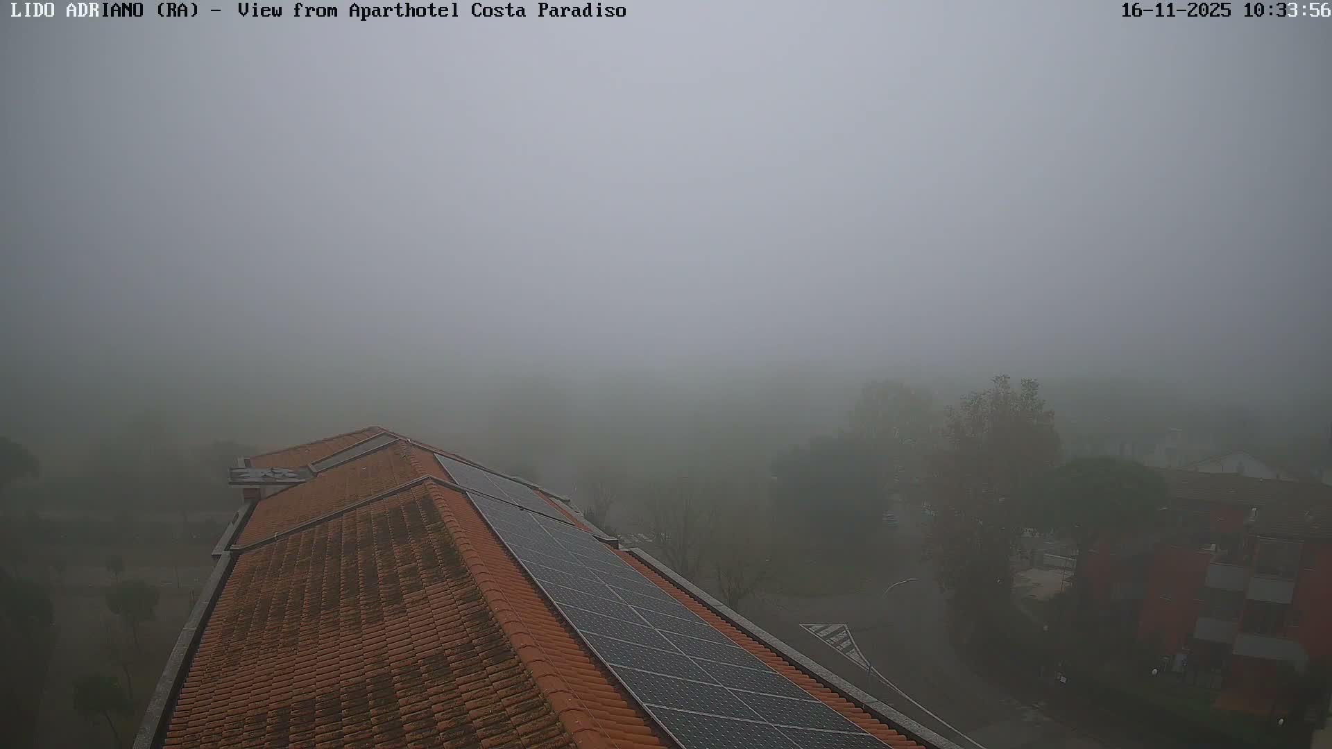 A tiled rooftop featuring solar panels occupies the foreground, while the surrounding landscape of trees and distant buildings is heavily obscured by very dense fog.