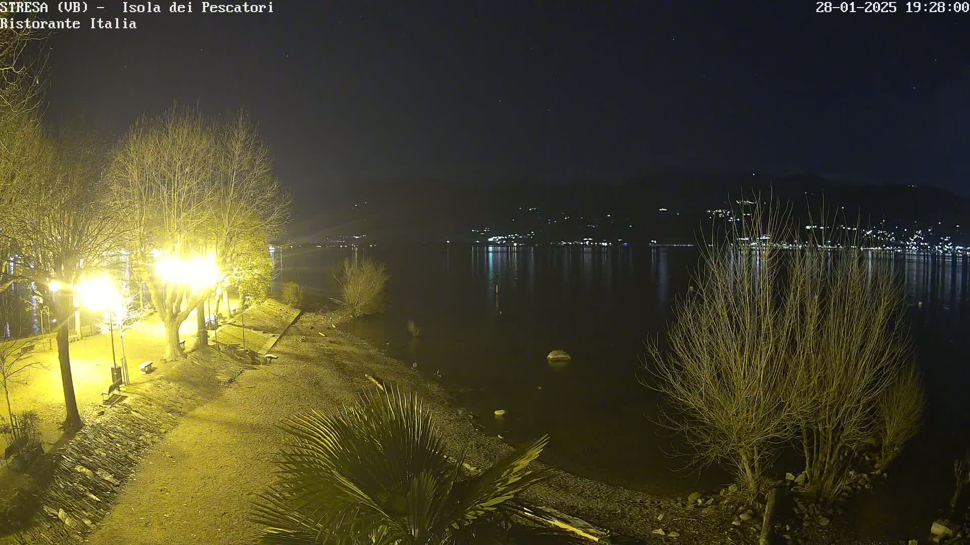 A nighttime view of a lakeshore park with illuminated trees and a calm lake reflecting the lights of a town across the water.