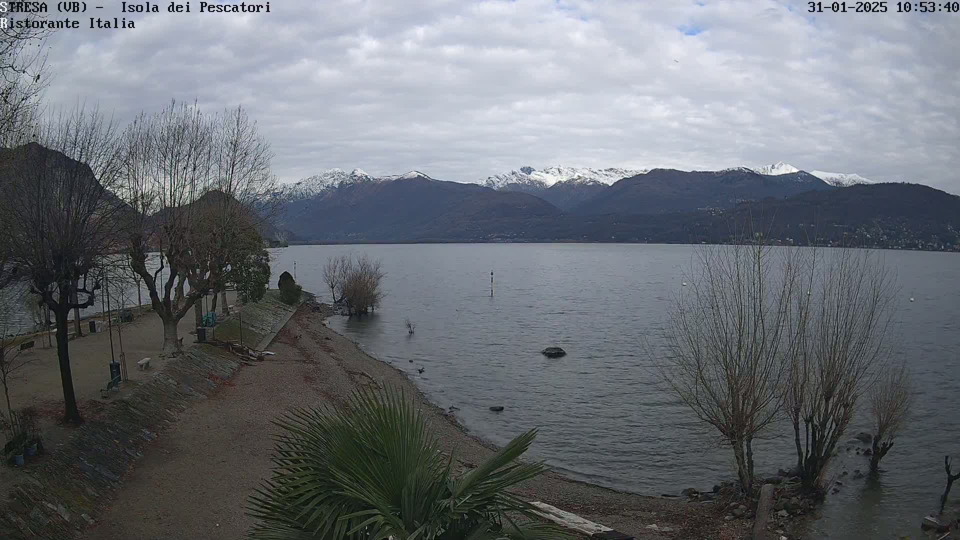 A partly cloudy day reveals a calm lake with a snow-capped mountain range in the background, while bare trees line a shoreline with a sandy beach.