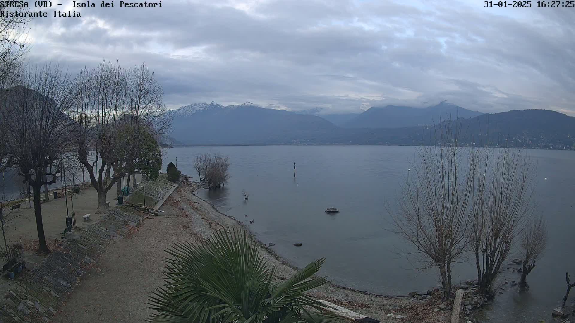 A calm lake with snow-capped mountains in the background under an overcast sky, viewed from a shoreline with bare trees and a small sandy beach area.
