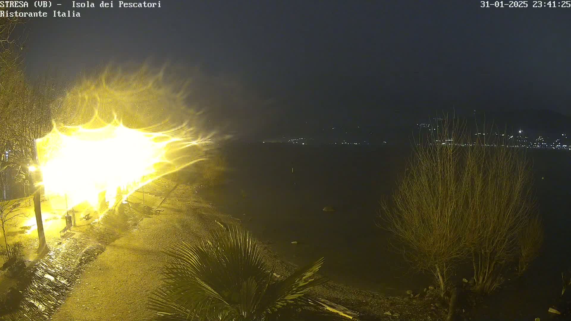 A bright, diffuse light source illuminates a snowy nighttime lakeshore, with distant city lights visible across the water.