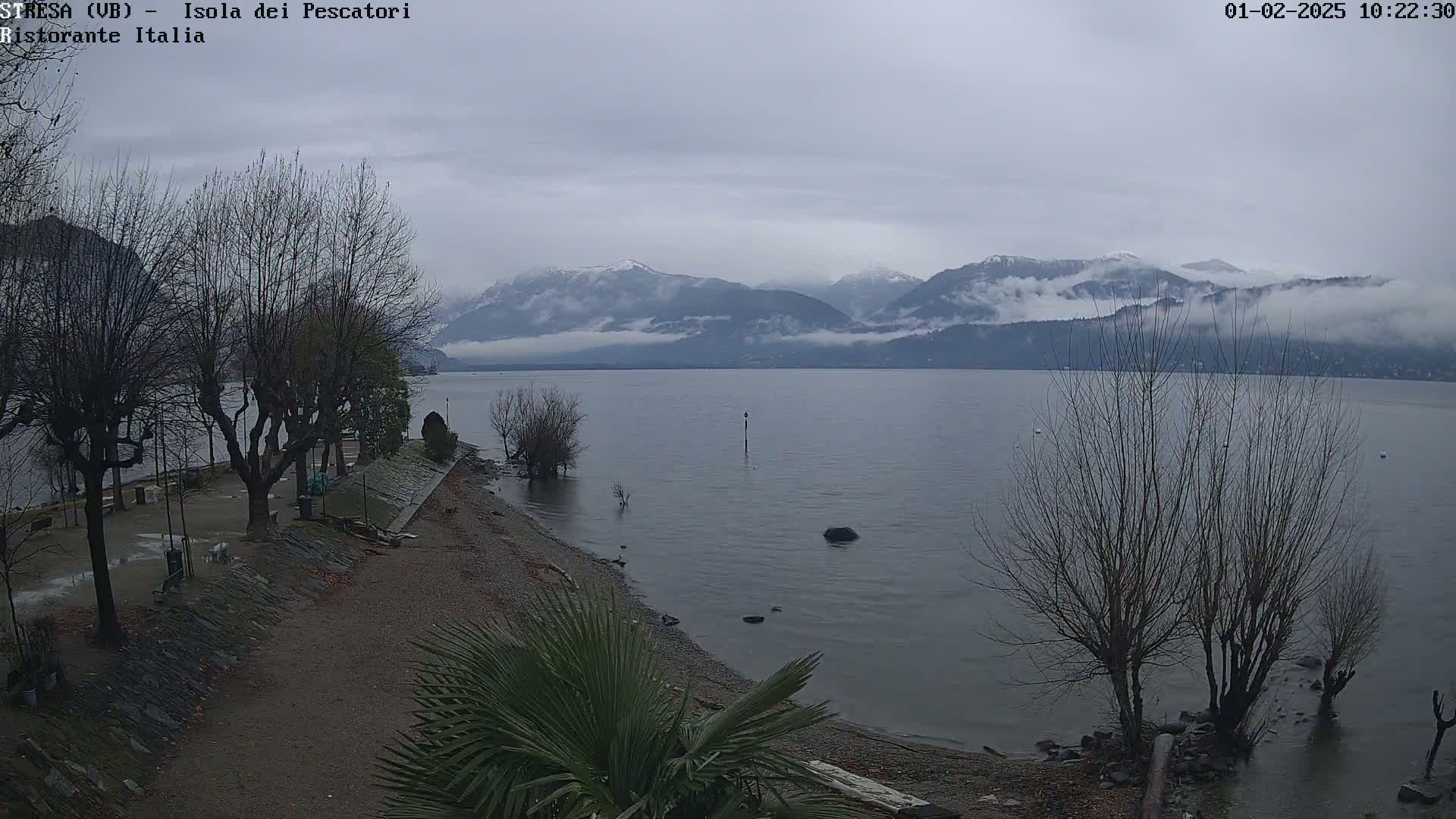 A gray, overcast day reveals a lakeshore with bare trees, a pebble beach, and snow-capped mountains in the distance.