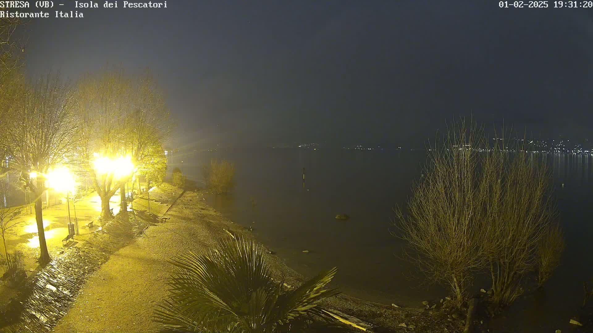 A nighttime lakeside scene shows a wet, dimly lit path lined with trees and lights, overlooking a calm body of water under an overcast sky.