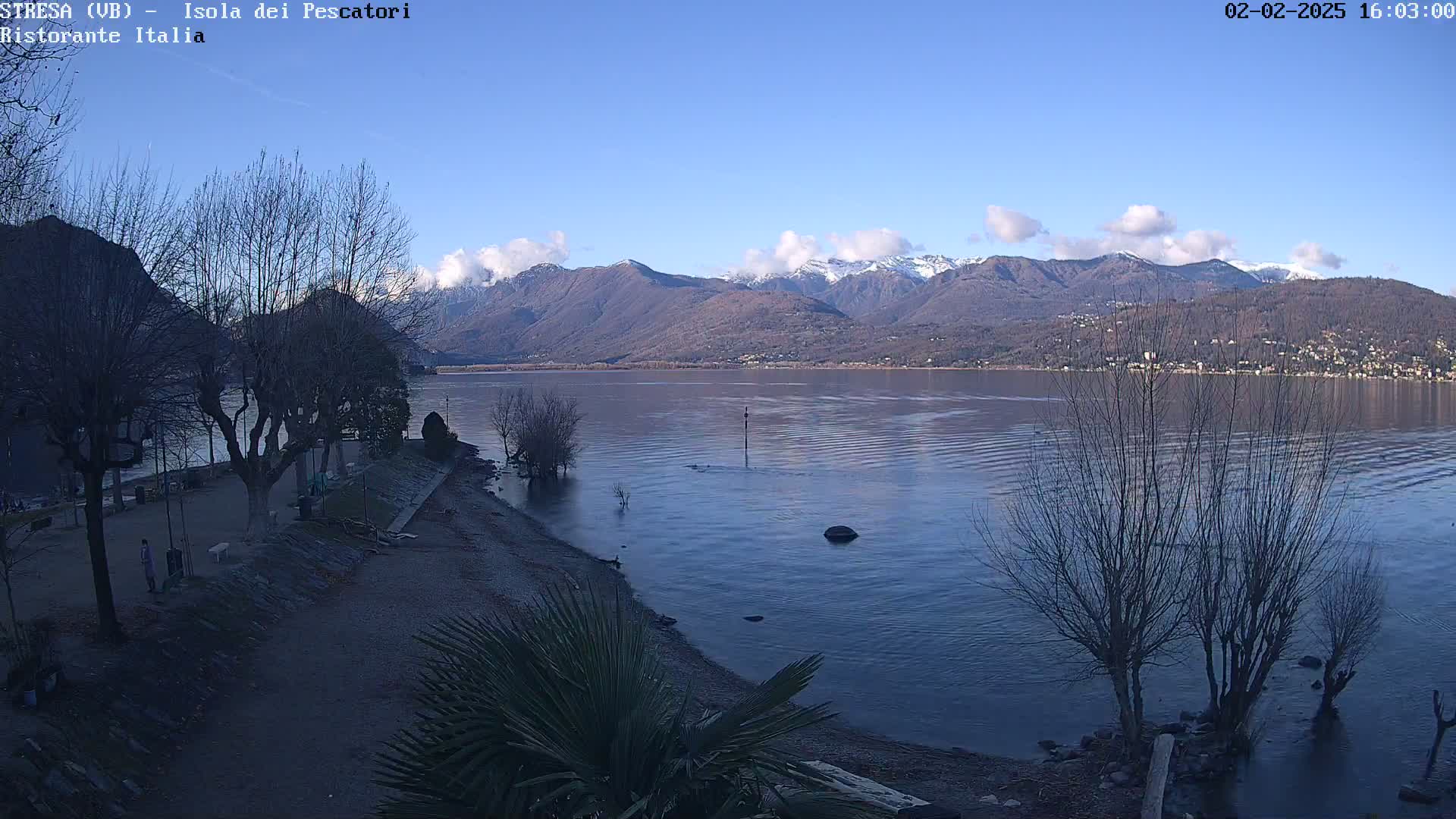 A calm lake with snow-capped mountains in the background under a mostly clear blue sky, bordered by bare trees and a sandy shore.