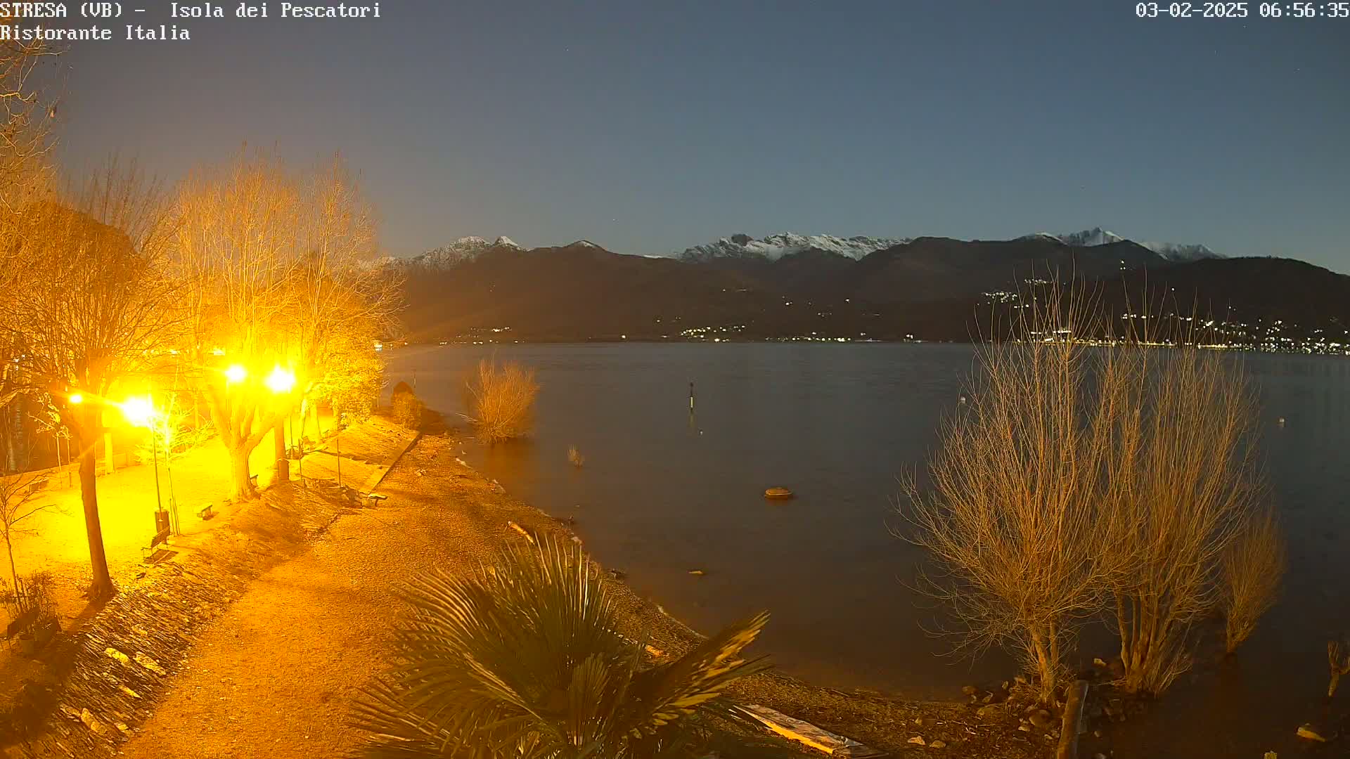 A nighttime lakeside scene shows a calm body of water reflecting the lights from a nearby shore lined with bare trees and illuminated by artificial lights, with snow-capped mountains in the background under a dark, clear sky.