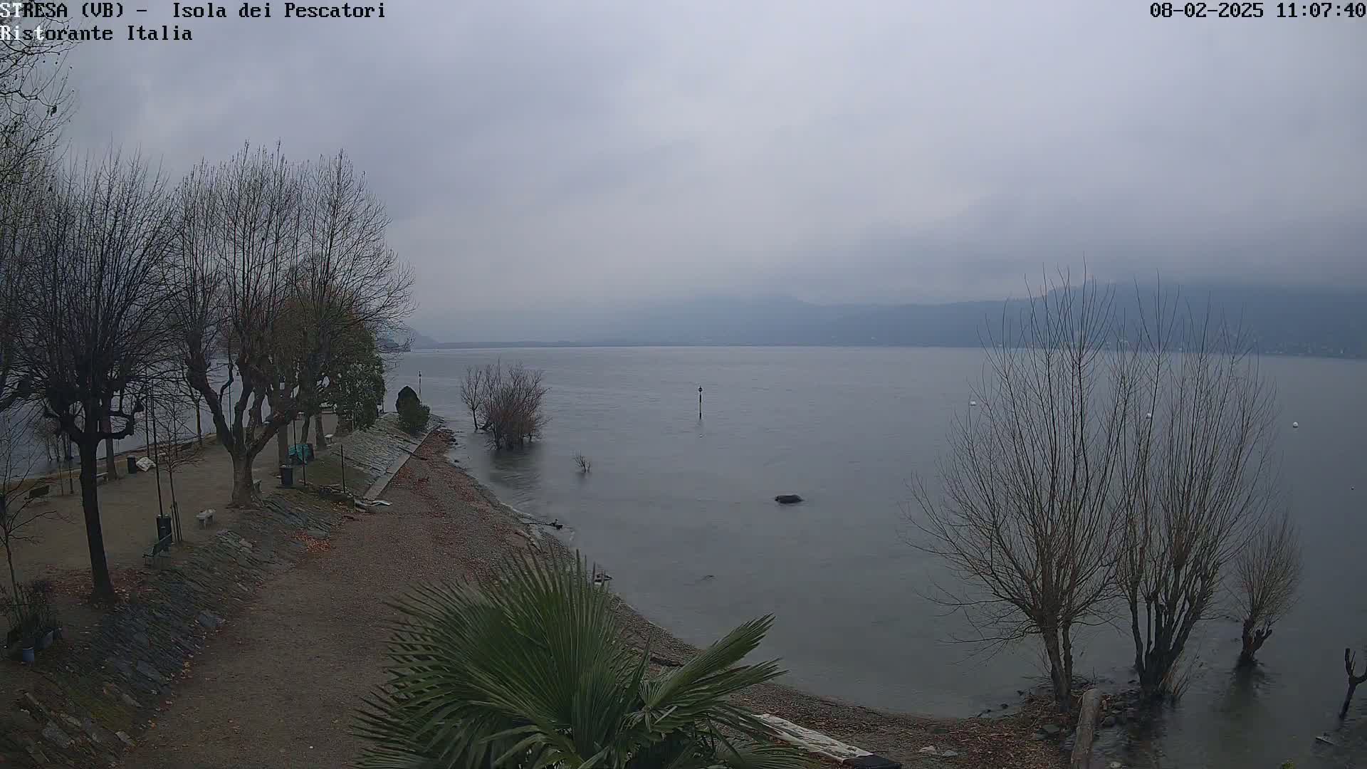 A gray, overcast day reveals a calm lake stretching to distant, hazy mountains, with bare trees lining a rocky shoreline and a small, sandy beach area.