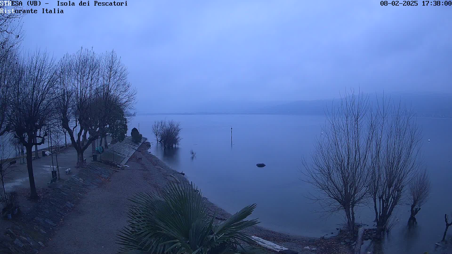 A calm, foggy lake at dusk is seen from a lakeside park with bare trees and a shoreline partially submerged in the water.