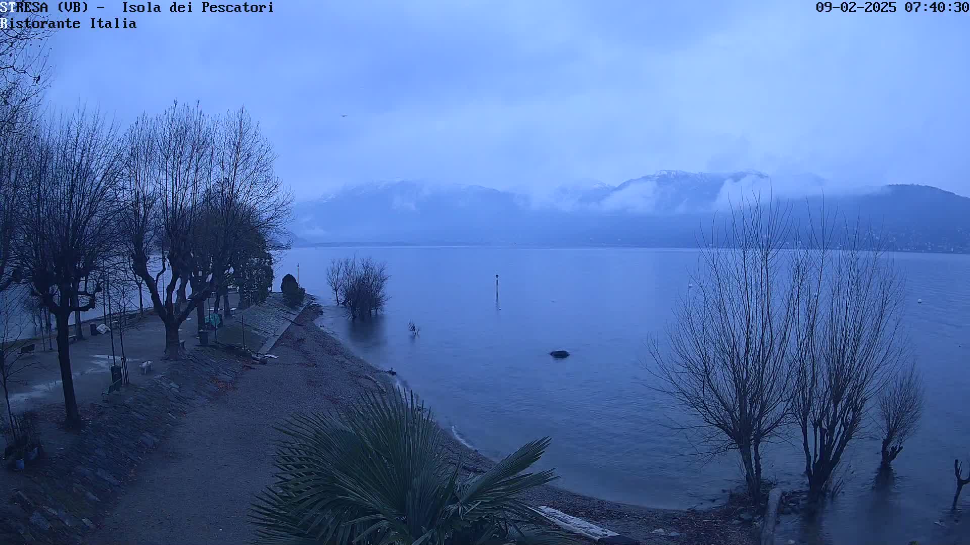 A calm lake is seen under an overcast sky, with bare trees lining a shoreline and snow-capped mountains in the background.