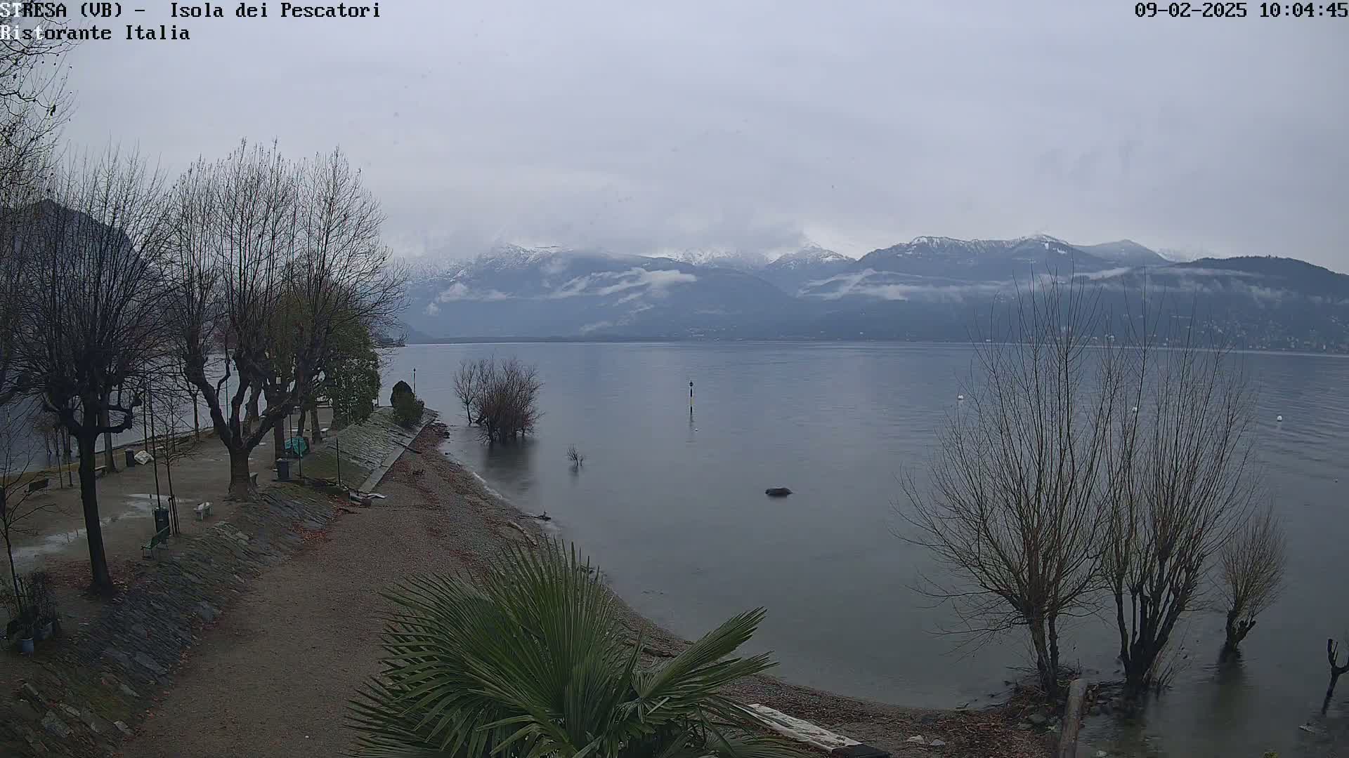 A calm lake, partially shrouded in mist, stretches out before snow-dusted mountains under an overcast sky.