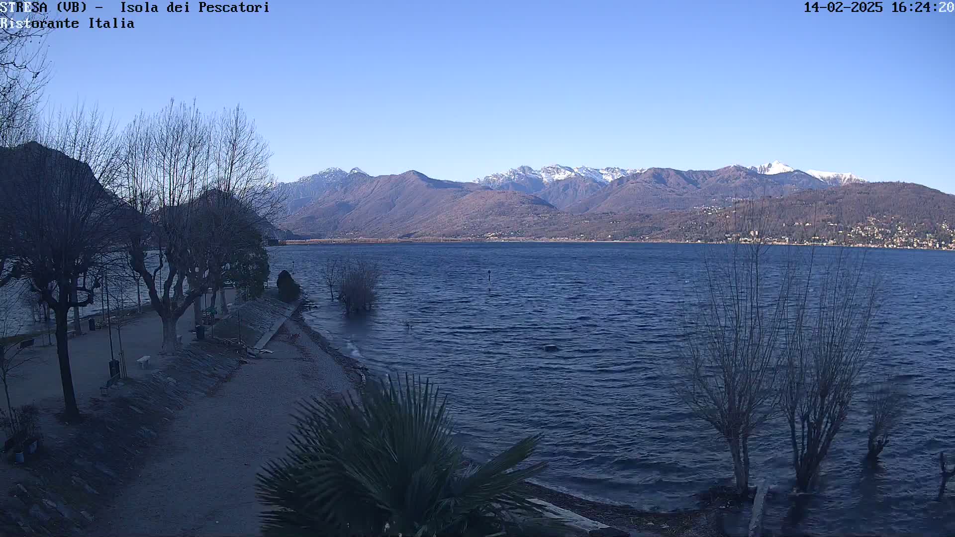 A calm, blue lake stretches toward snow-capped mountains under a clear blue sky, with a shoreline featuring bare trees and a paved path.