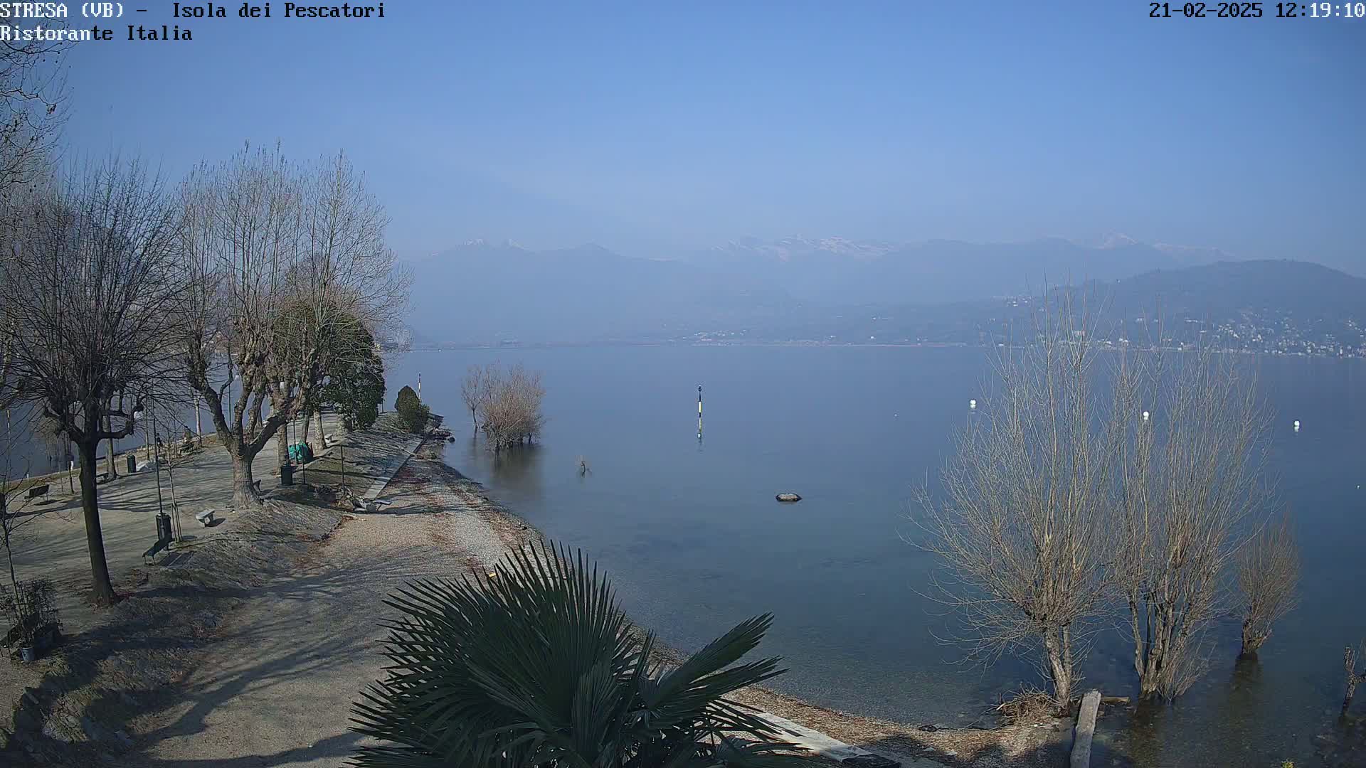 A tranquil lake shore scene on a clear, sunny day features leafless trees, a calm body of water, and distant mountains under a clear blue sky.