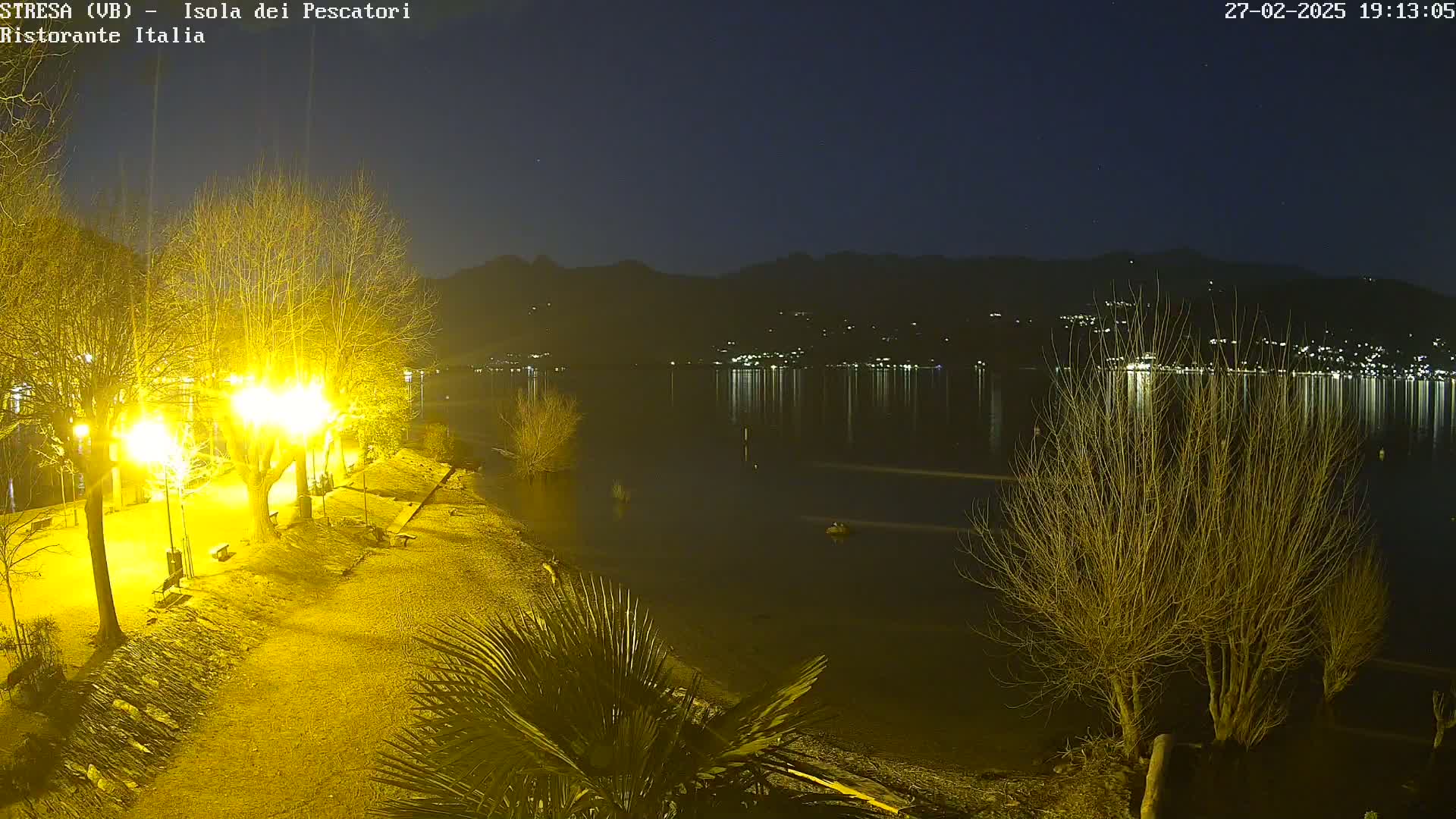 A nighttime view of a calm lake reflecting lights from a town across the water, with bare trees and illuminated walkways along a shoreline under a clear, dark sky.