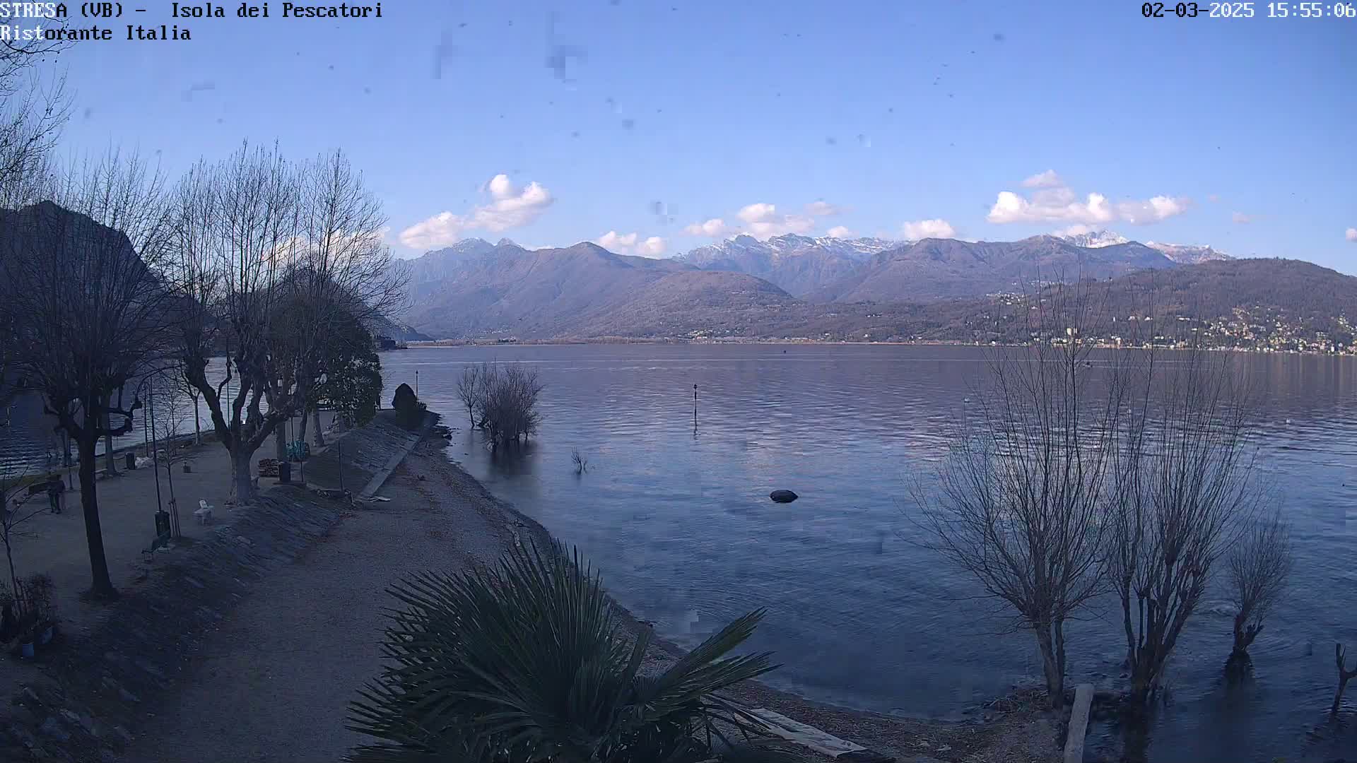 A calm lake with bare trees along its shore, under a mostly clear blue sky, is backed by mountains in the distance.