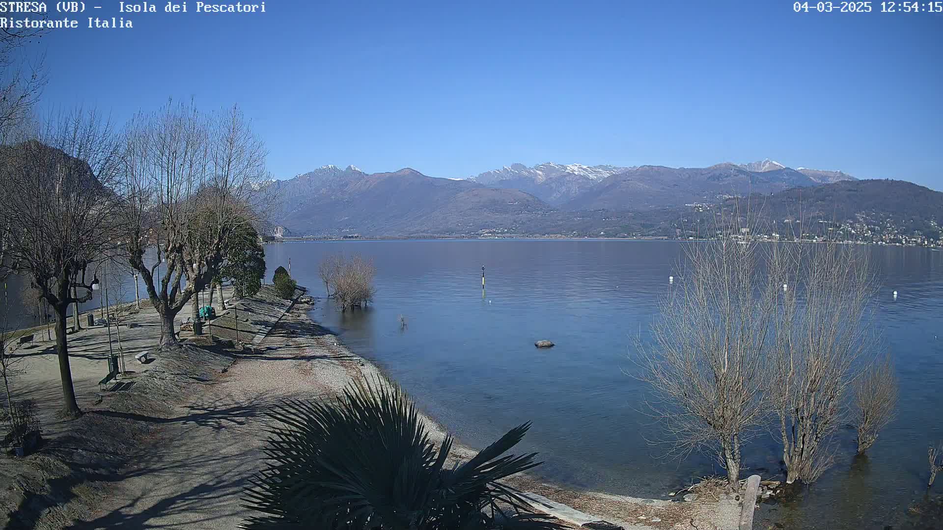 A tranquil lake shore with leafless trees, a sandy beach, and snow-capped mountains in the distance under a clear blue sky.