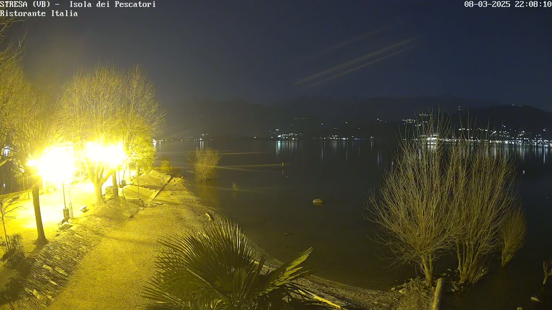 A brightly lit lakeside area at night, with bare trees and a calm lake reflecting lights from a distant town under a clear, dark sky.