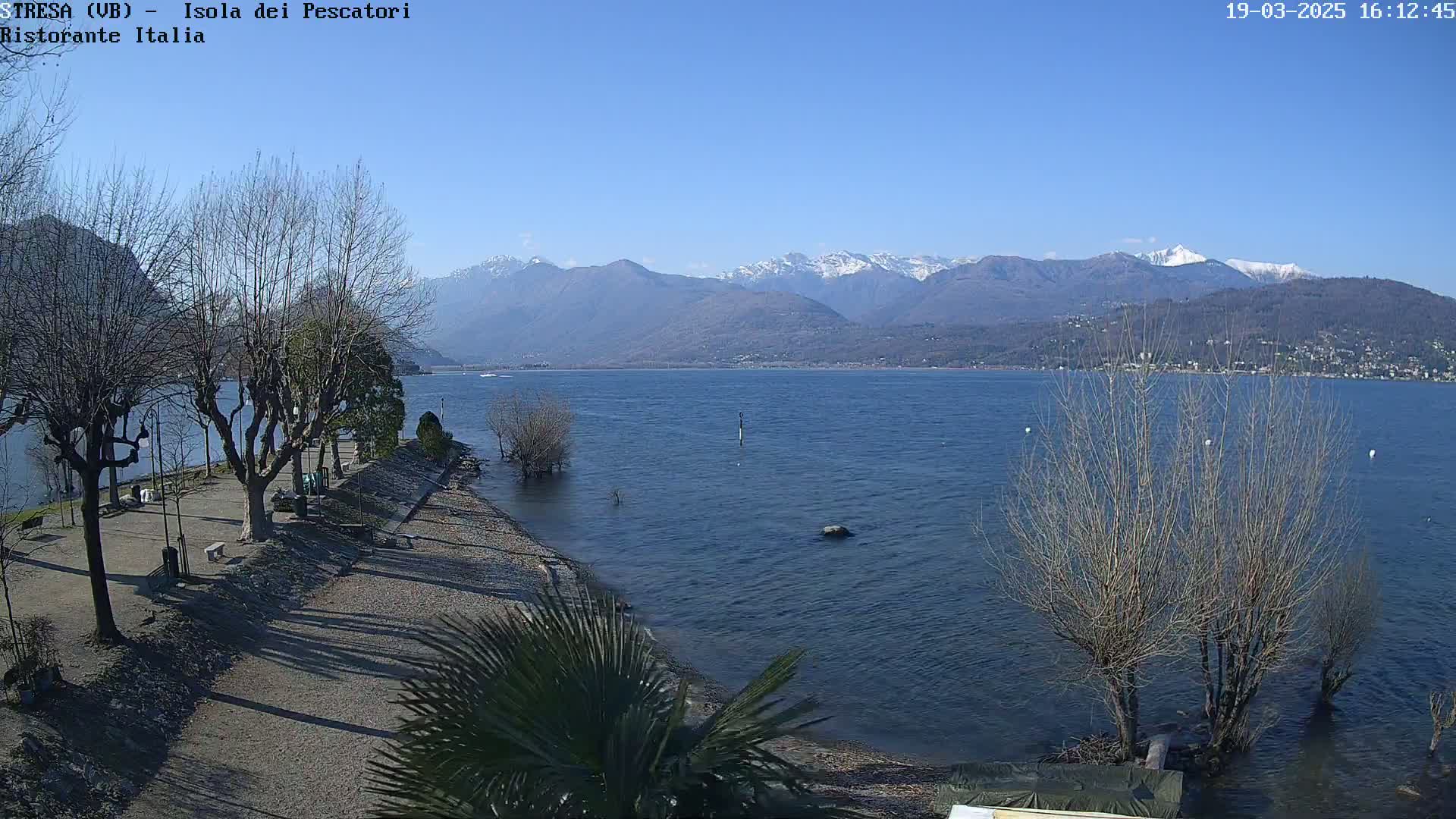 A tranquil lake scene under a clear blue sky shows bare trees lining a gravel shoreline, with snow-capped mountains in the distance.