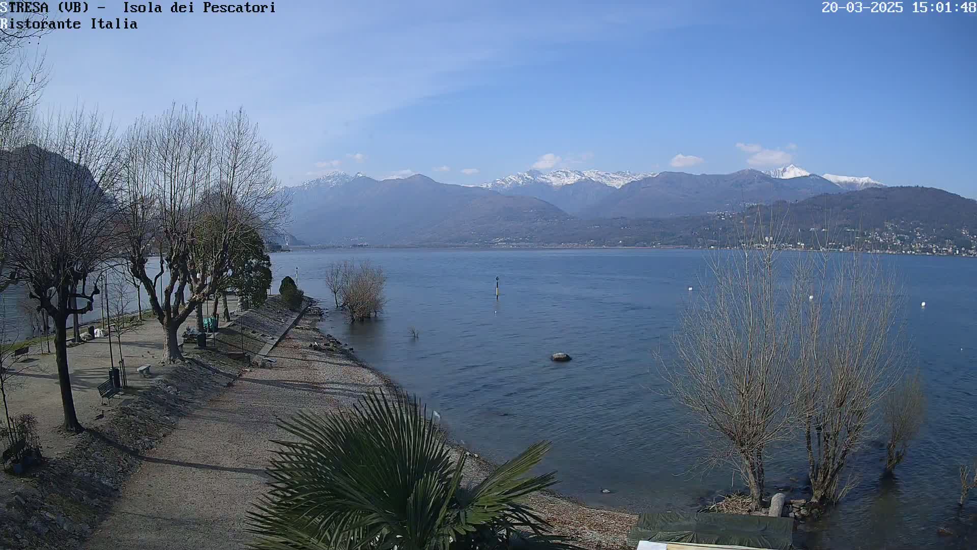 A calm lake stretches out toward snow-capped mountains under a clear blue sky, with a shoreline featuring bare trees and a paved path.