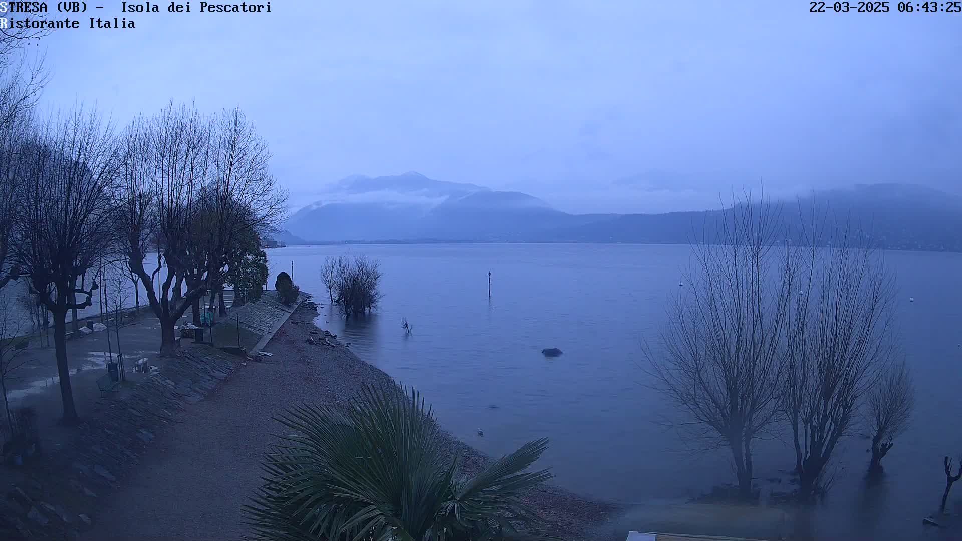 A calm lake, under an overcast sky, stretches towards misty mountains, with bare trees lining a shoreline and a small beach in the foreground.