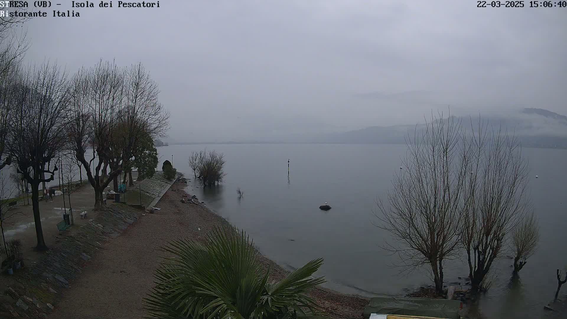 A grey, overcast day reveals a lakeshore scene with bare trees lining a pebbled beach that gently slopes into calm, grey water, and distant, hazy hills.