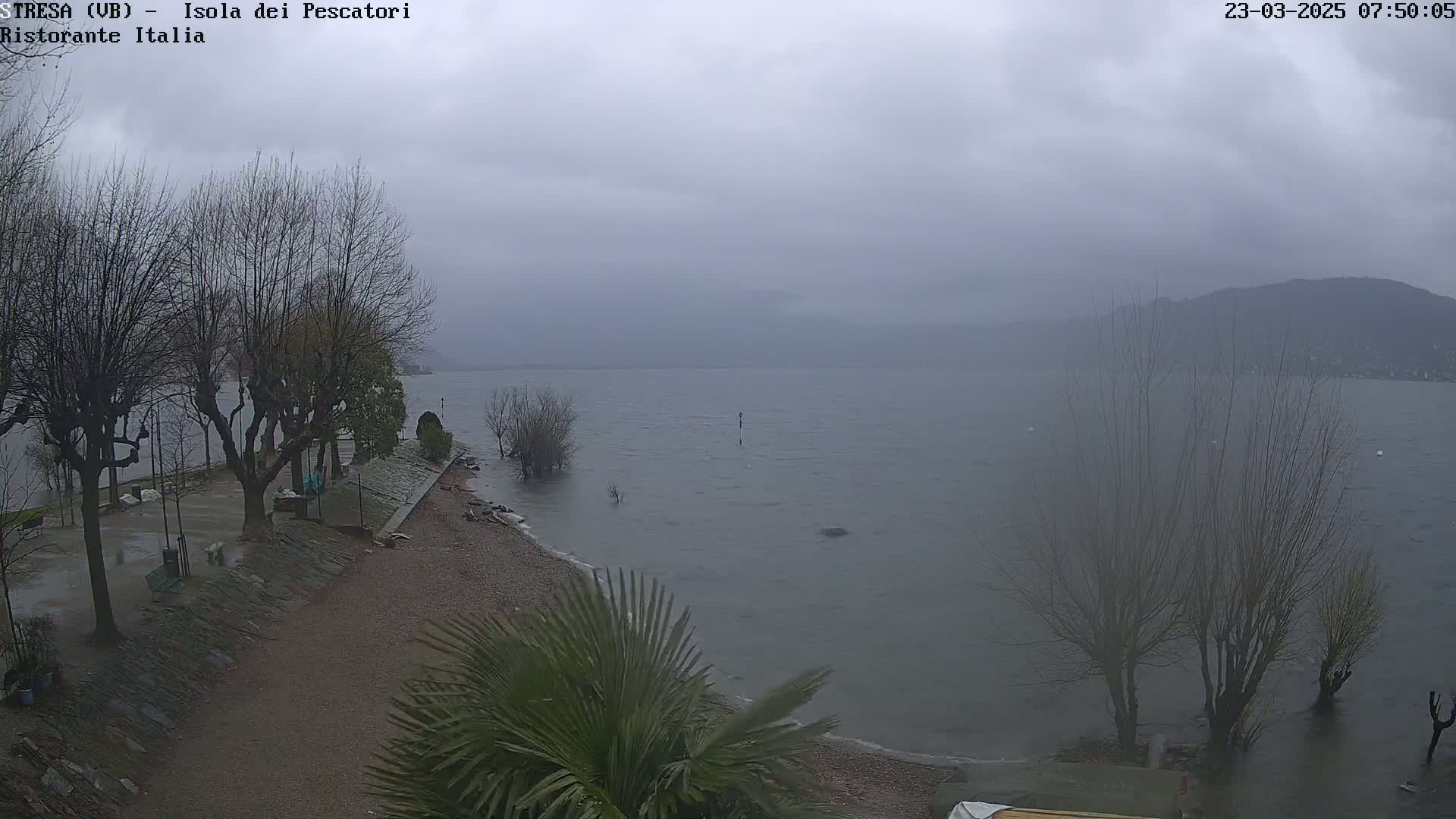 A partly cloudy, overcast day shows a shoreline with bare trees and a calm lake, with distant mountains in the background.