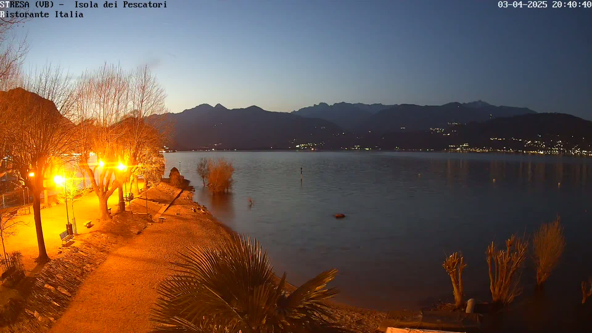 A nighttime view of a calm lake with illuminated trees and a shoreline, mountains in the background under a twilight sky.