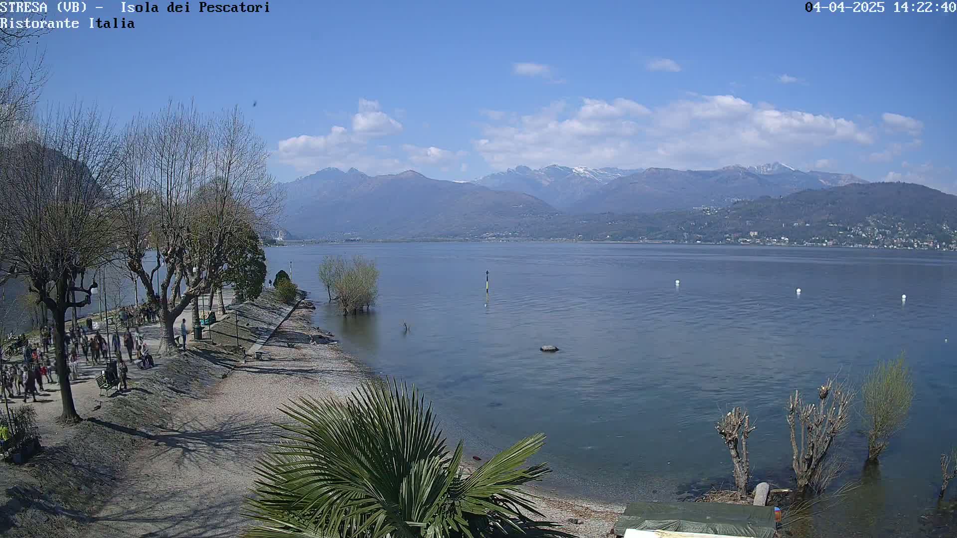 A sunny day shows a calm lake with snow-capped mountains in the background, a shoreline with people walking along a path lined with trees, and some partially submerged trees and plants near the water's edge.