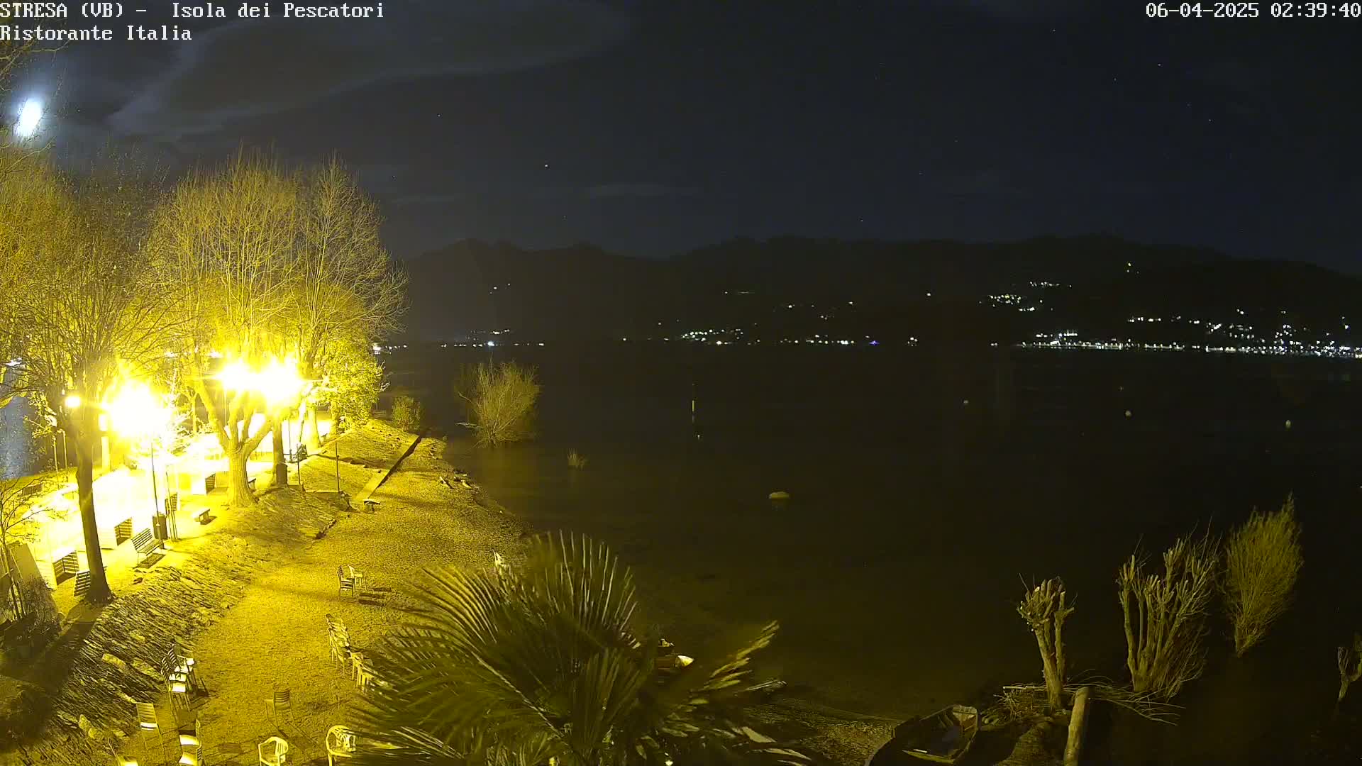 A nighttime view of a lakeshore with illuminated trees and sparsely populated outdoor seating areas overlooking a dark body of water and a distant, faintly lit town under a clear, starry sky.