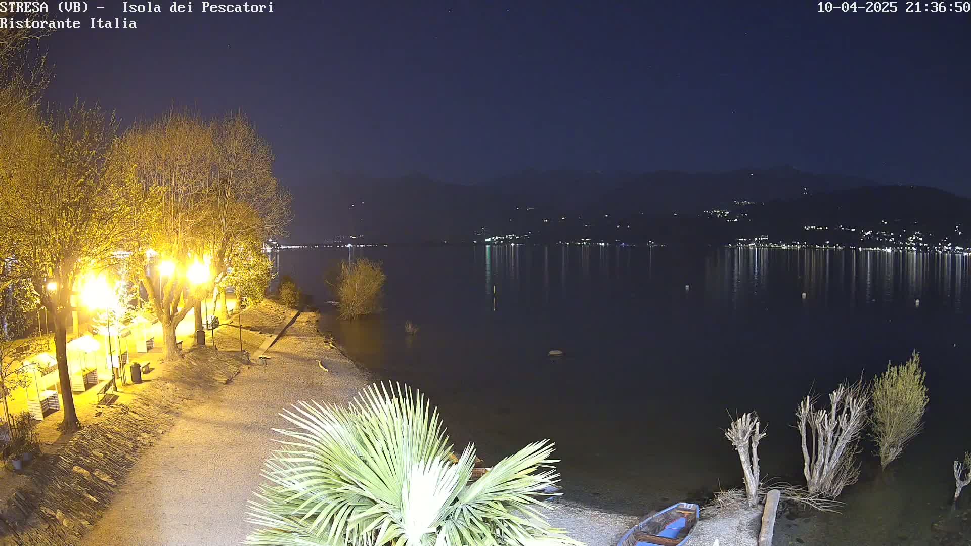 A nighttime view of a calm lake reflecting lights from a distant town, with a shoreline featuring lit trees and a small boat.
