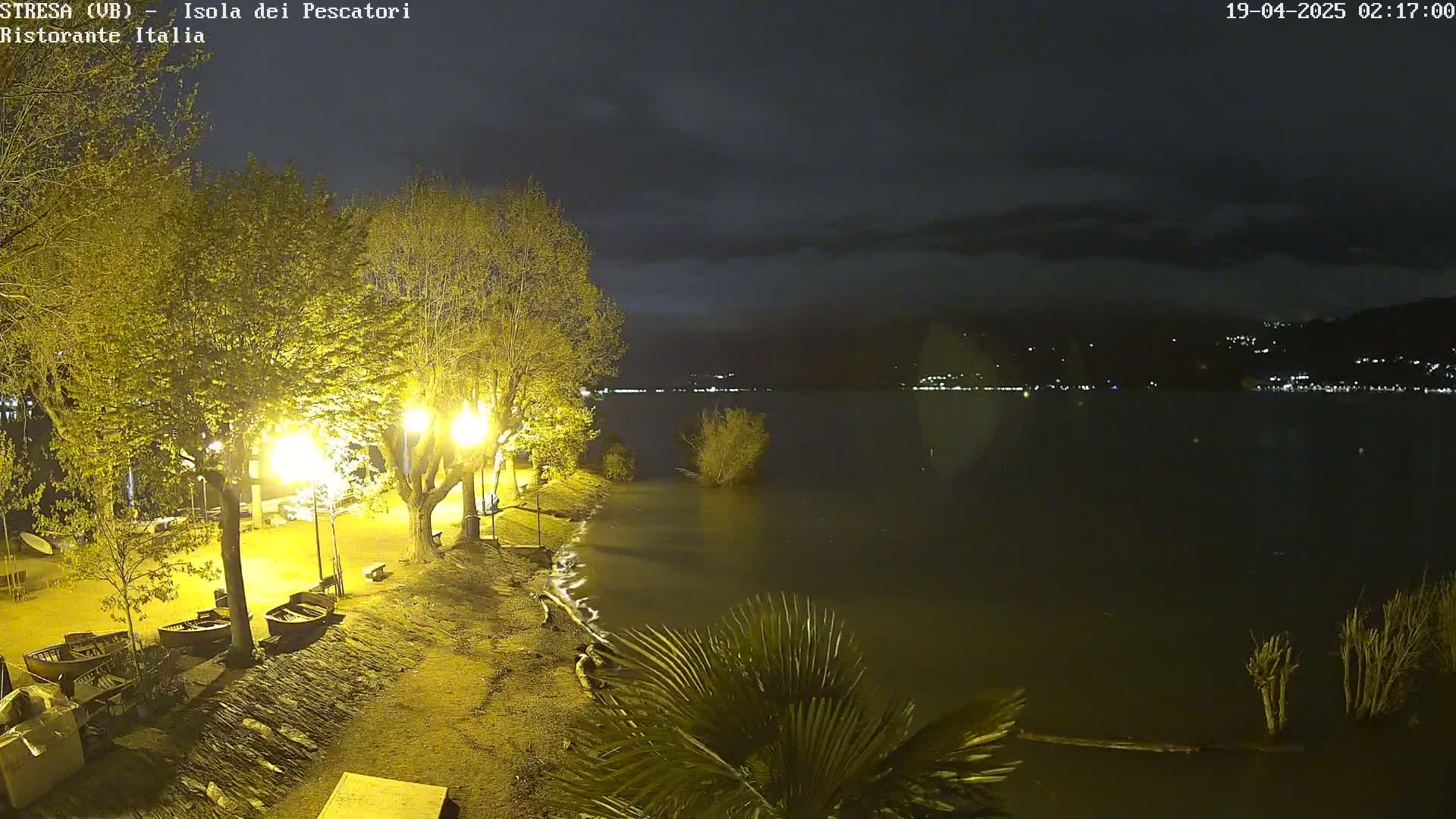 A nighttime view of a lakeshore with trees illuminated by streetlights, several small boats, and a calm body of water reflecting distant lights.