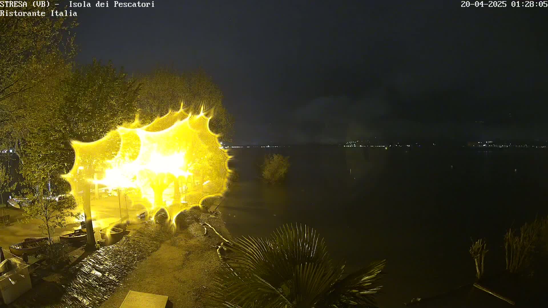 A nighttime view of a lake shore shows a bright, distorted light source near some trees and boats, with a dark, calm lake and distant lights across the water.