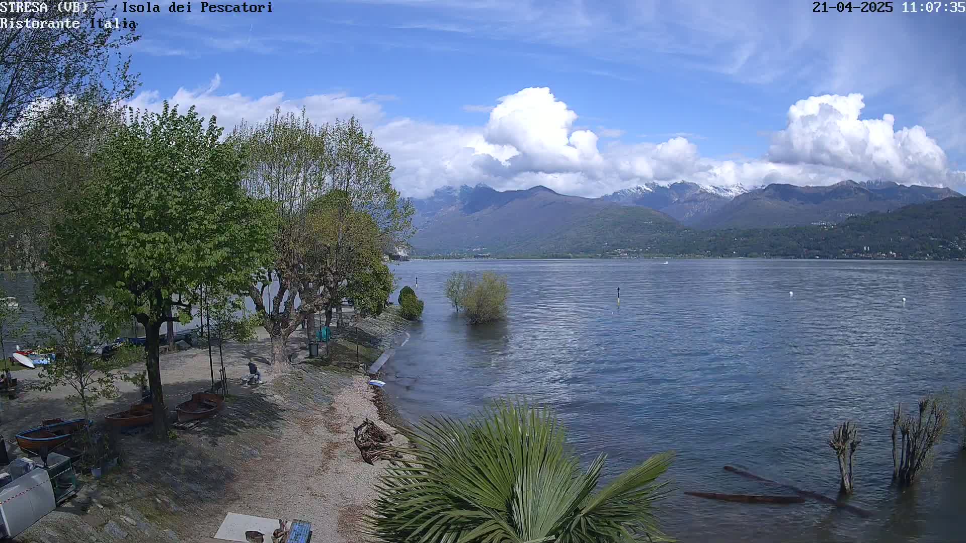 A partly cloudy blue sky overlooks a lake with mountains in the background, where the water is lapping at the shore near some trees and small boats.