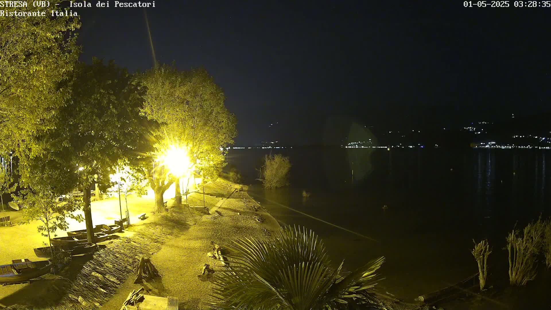 A nighttime lakeside scene shows several boats pulled ashore near some trees under artificial light, with a calm body of water reflecting distant lights across from a shoreline with sparse vegetation.