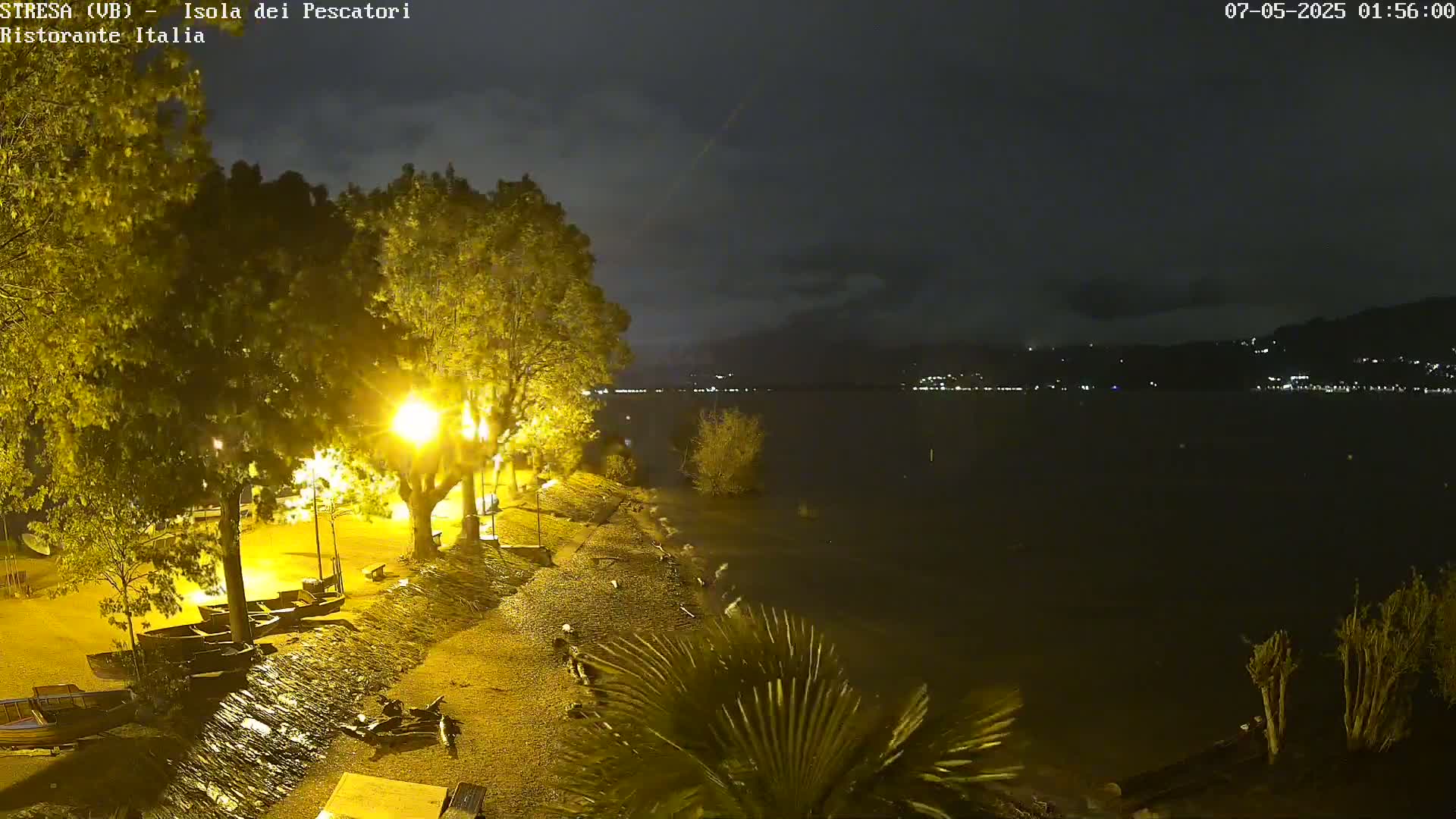 A nighttime view of a lakeshore, showing a pebble beach with several small boats, trees illuminated by streetlights, and a calm, dark lake with distant lights across the water.