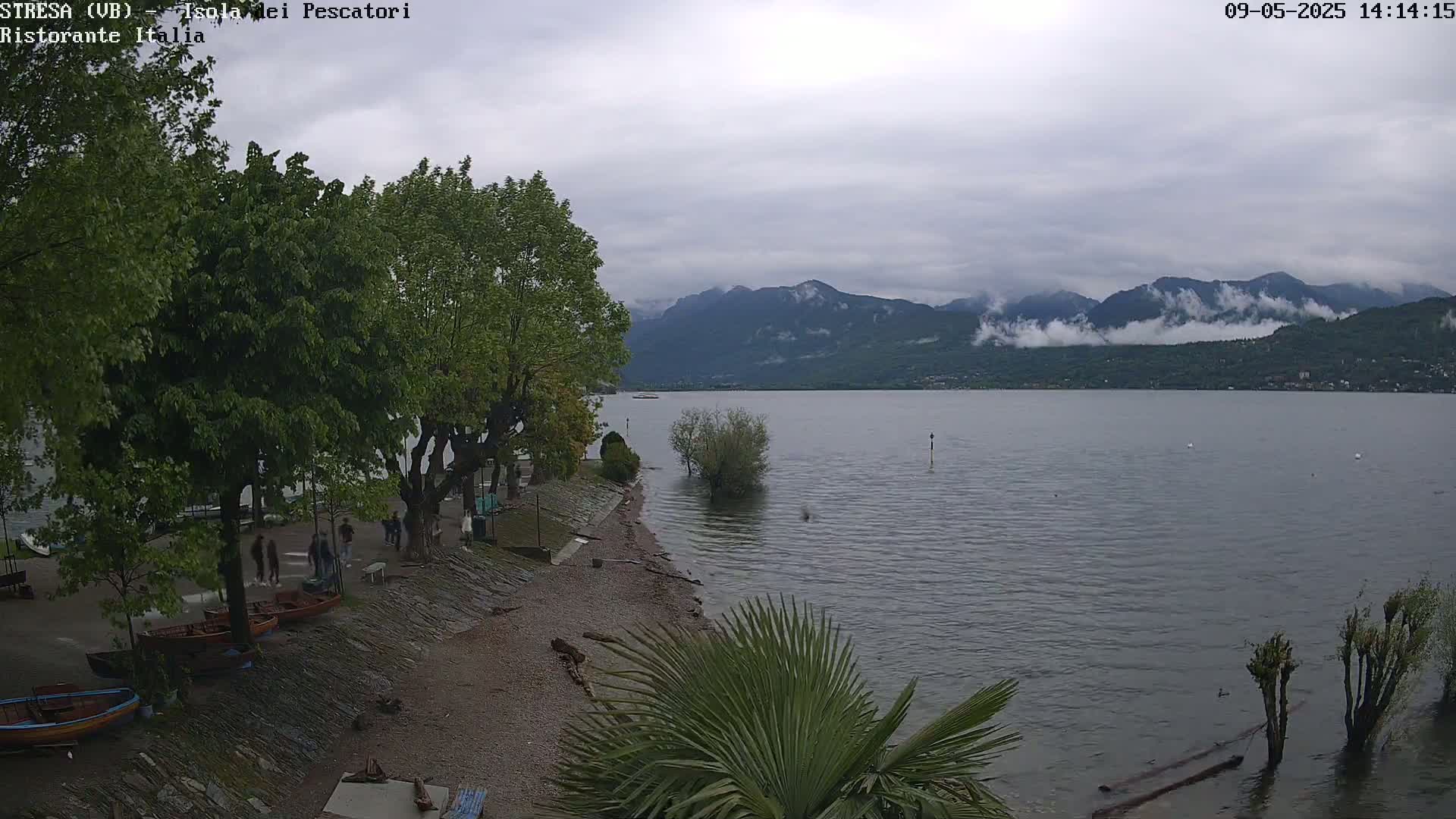 A calm lake under an overcast sky is seen from a lakeside vantage point with several trees and small boats visible near a gravel shore, mountains in the distance partially obscured by clouds.