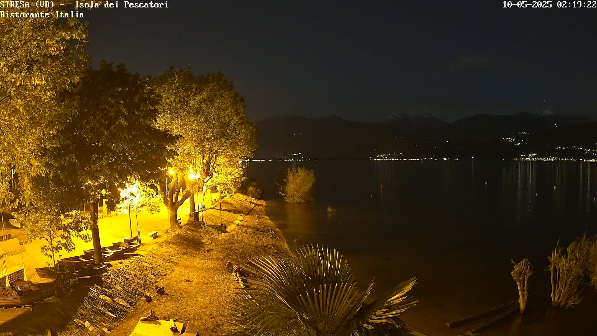 A nighttime view of a lakeshore, with several boats pulled up on a gravel beach, illuminated trees lining a walkway, and distant lights across the water reflecting on a calm lake under a clear, dark sky.