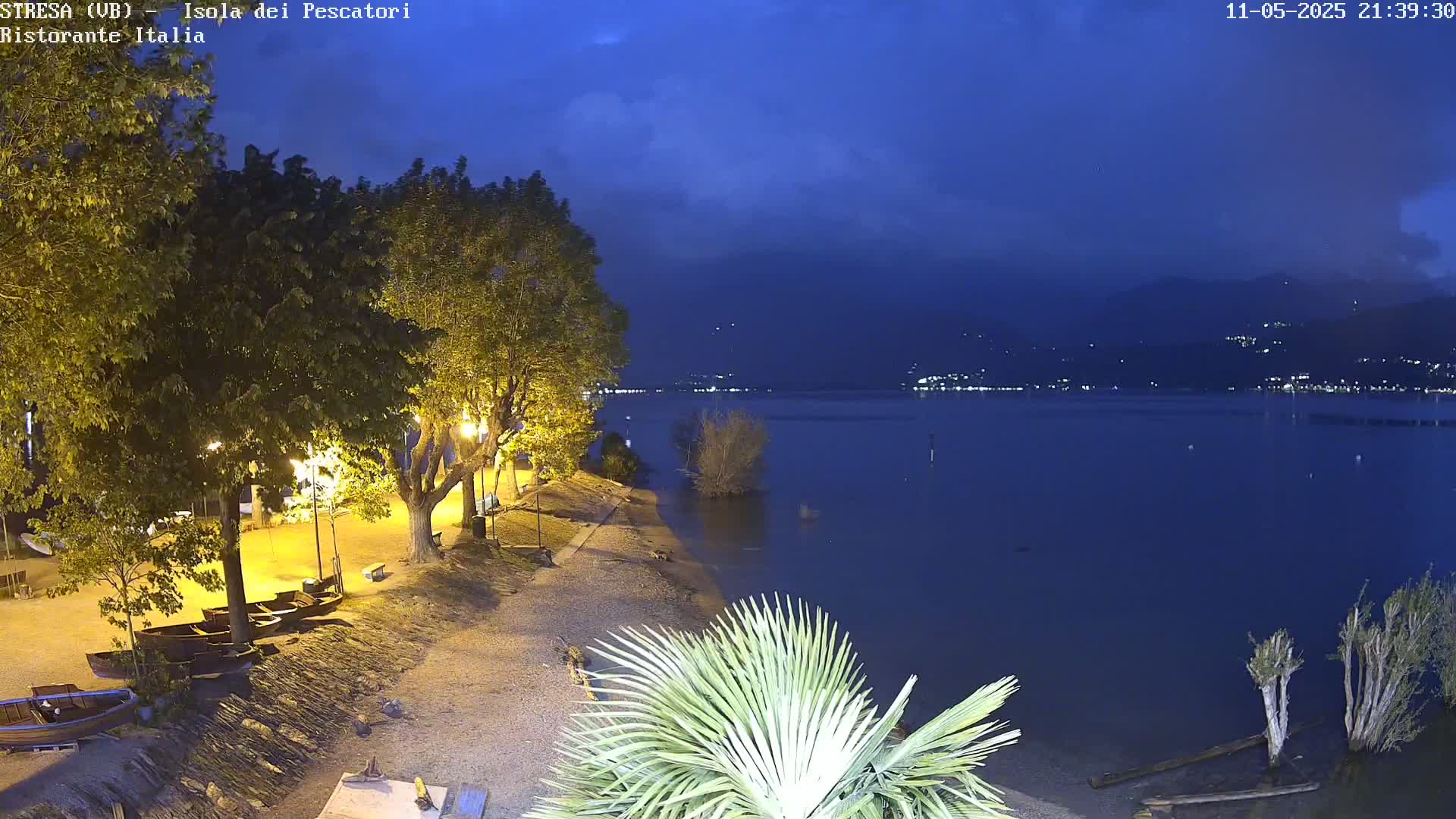 A nighttime view of a calm lake under a dark blue sky, showing a shoreline with trees, lights, and several small boats pulled ashore.