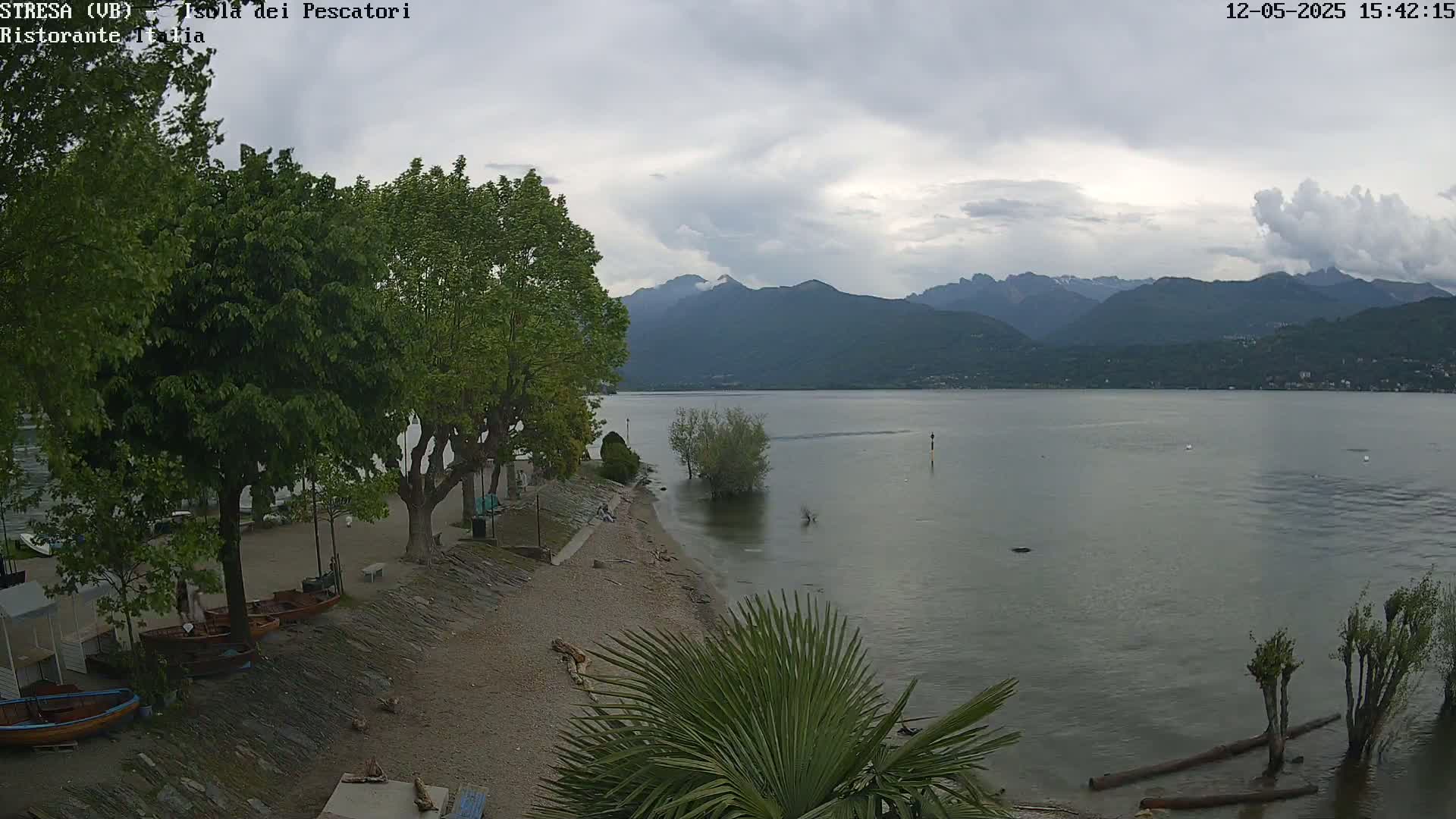 A calm lake with mountains in the background under an overcast sky,  viewed from a shoreline with trees, a small beach, and several boats.