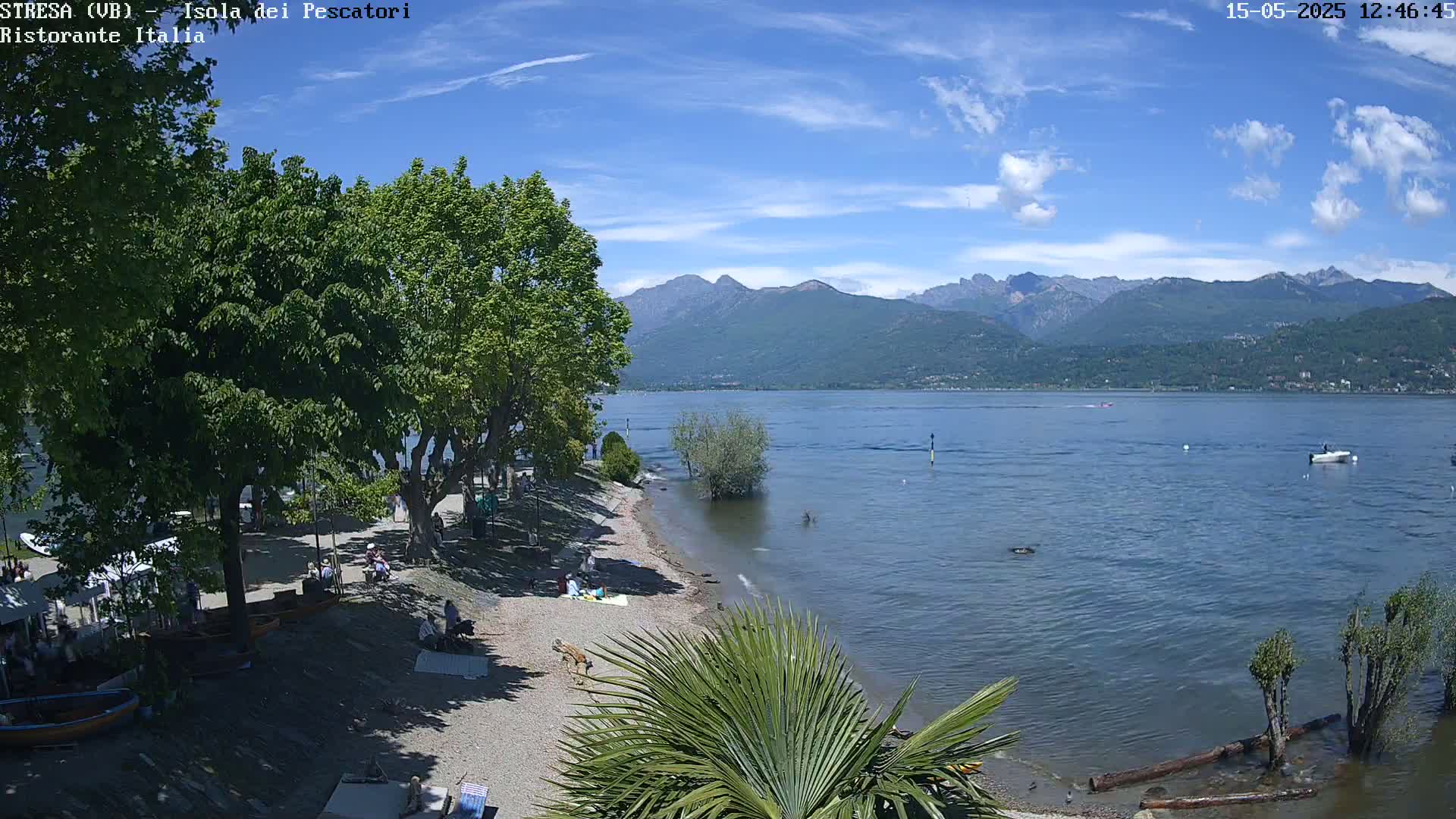 A sunny day at a lakeside beach shows people relaxing under shady trees, with calm water and distant mountains visible.