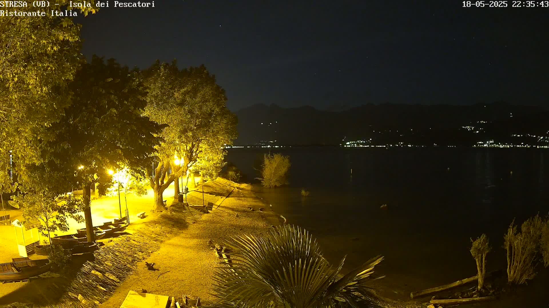 A nighttime view of a lakeshore, illuminated by streetlights, showing several boats pulled ashore near trees and a calm body of water with distant lights across the lake.